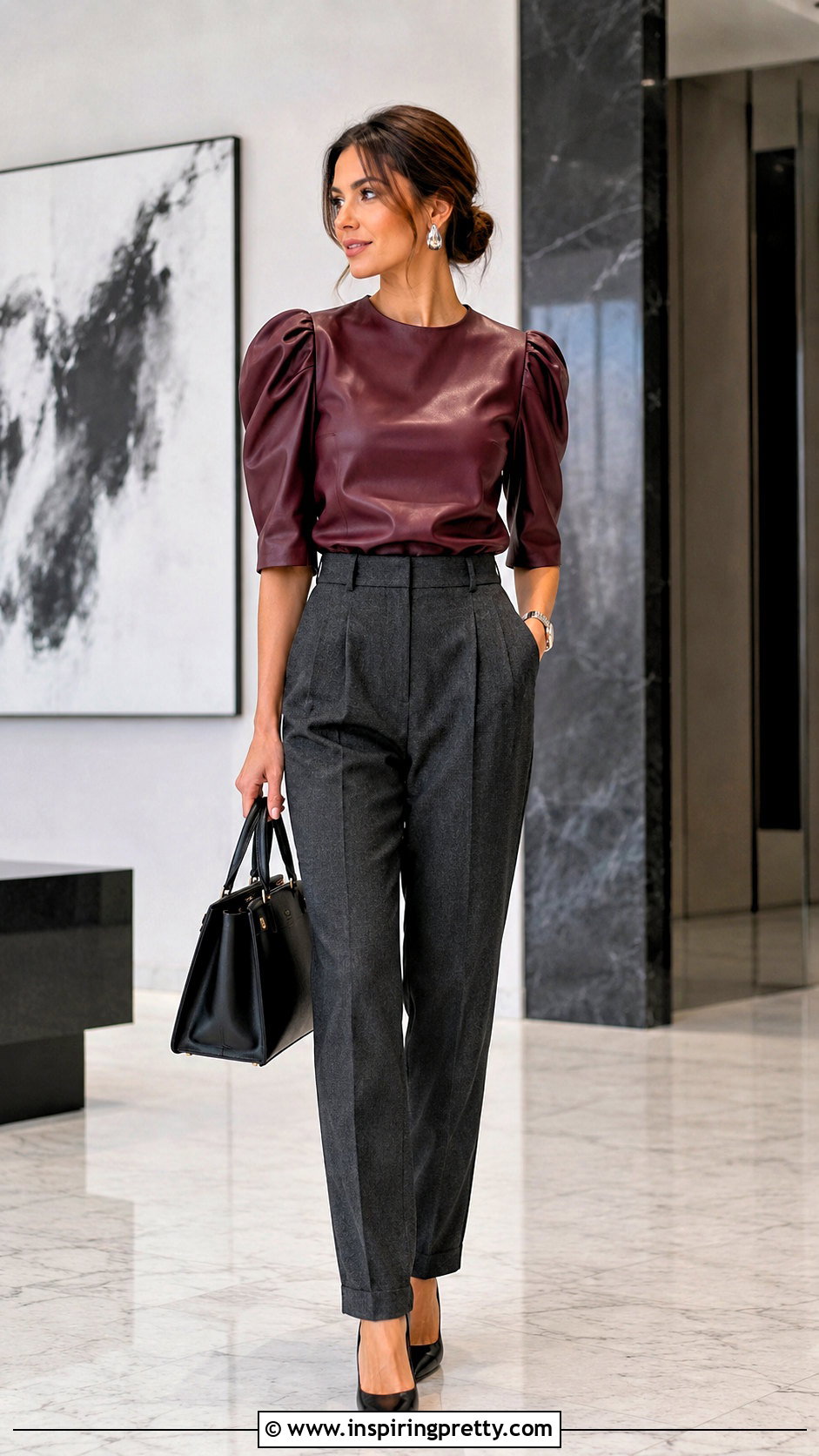 Burgundy Leather Puff Sleeve Top With Gray Trousers - 25 Leather Puff Sleeve Top outfit ideas