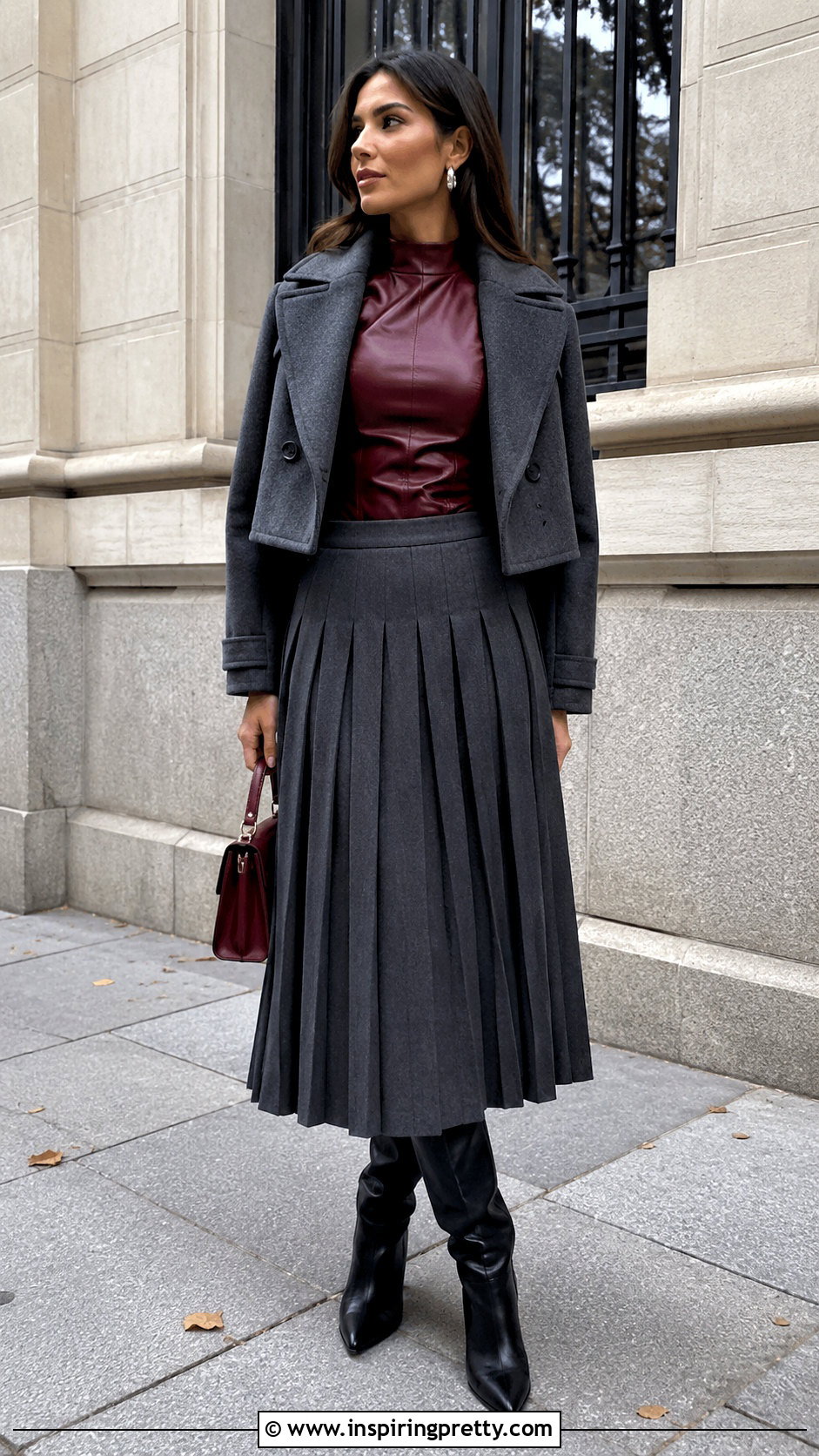 Burgundy Leather Top With Gray Midi Skirt - 20 leather top outfit ideas