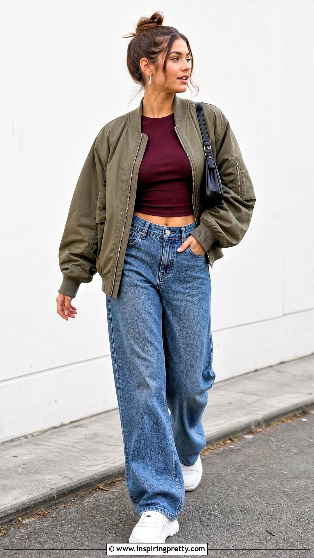 Burgundy Long Sleeve Crop Top With Baggy Blue Jeans - 20 burgundy crop top long sleeve outfit ideas