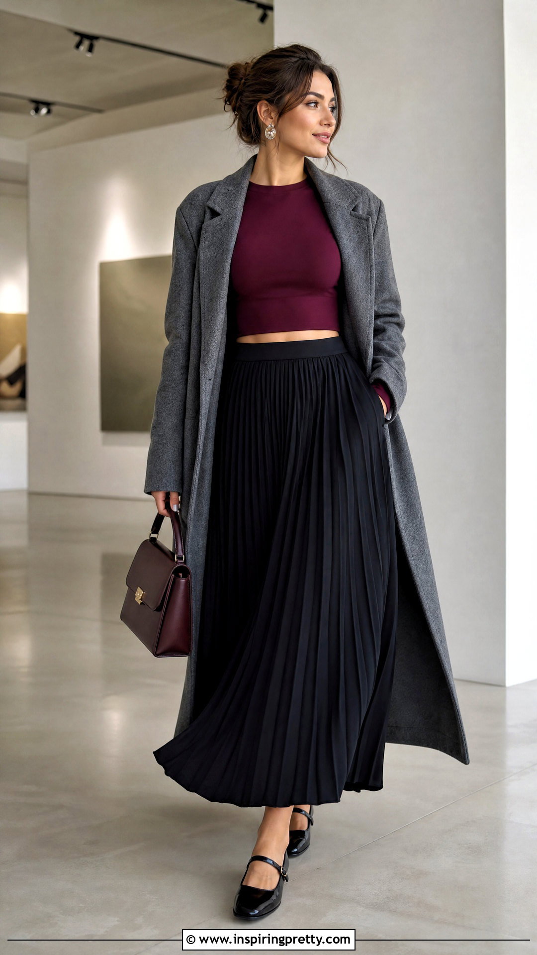 Burgundy Long Sleeve Crop Top With Black Maxi Skirt - 20 burgundy crop top long sleeve outfit ideas