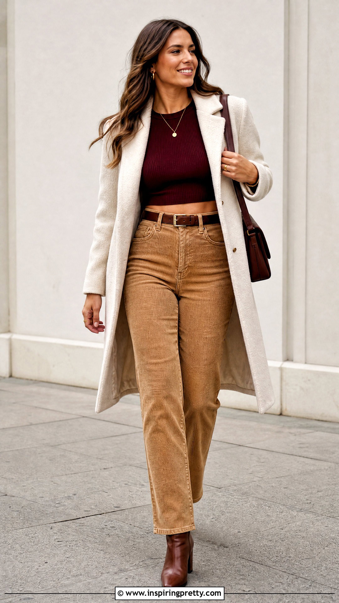 Burgundy Long Sleeve Crop Top With Camel Corduroy Pants - 20 burgundy crop top long sleeve outfit ideas