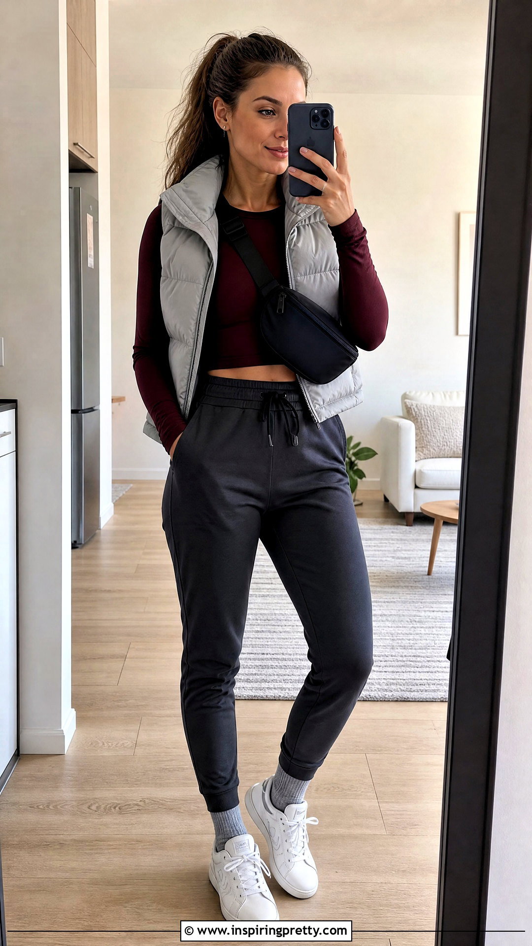 Burgundy Long Sleeve Crop Top With Charcoal Joggers - 20 burgundy crop top long sleeve outfit ideas