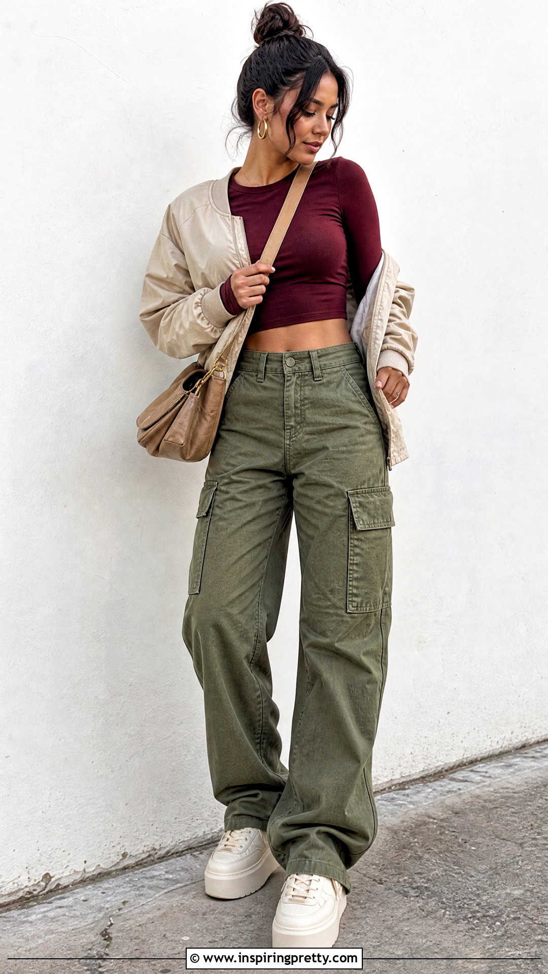 Burgundy Long Sleeve Crop Top With Olive Cargo Pants - 20 burgundy crop top long sleeve outfit ideas