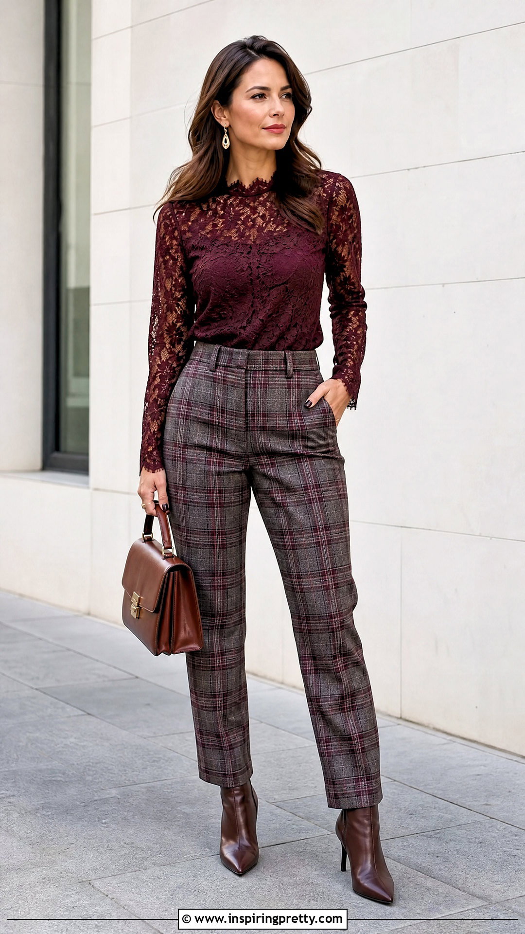 Burgundy Long Sleeve Lace Top With Plaid Trousers - 50 long sleeve lace top outfit ideas