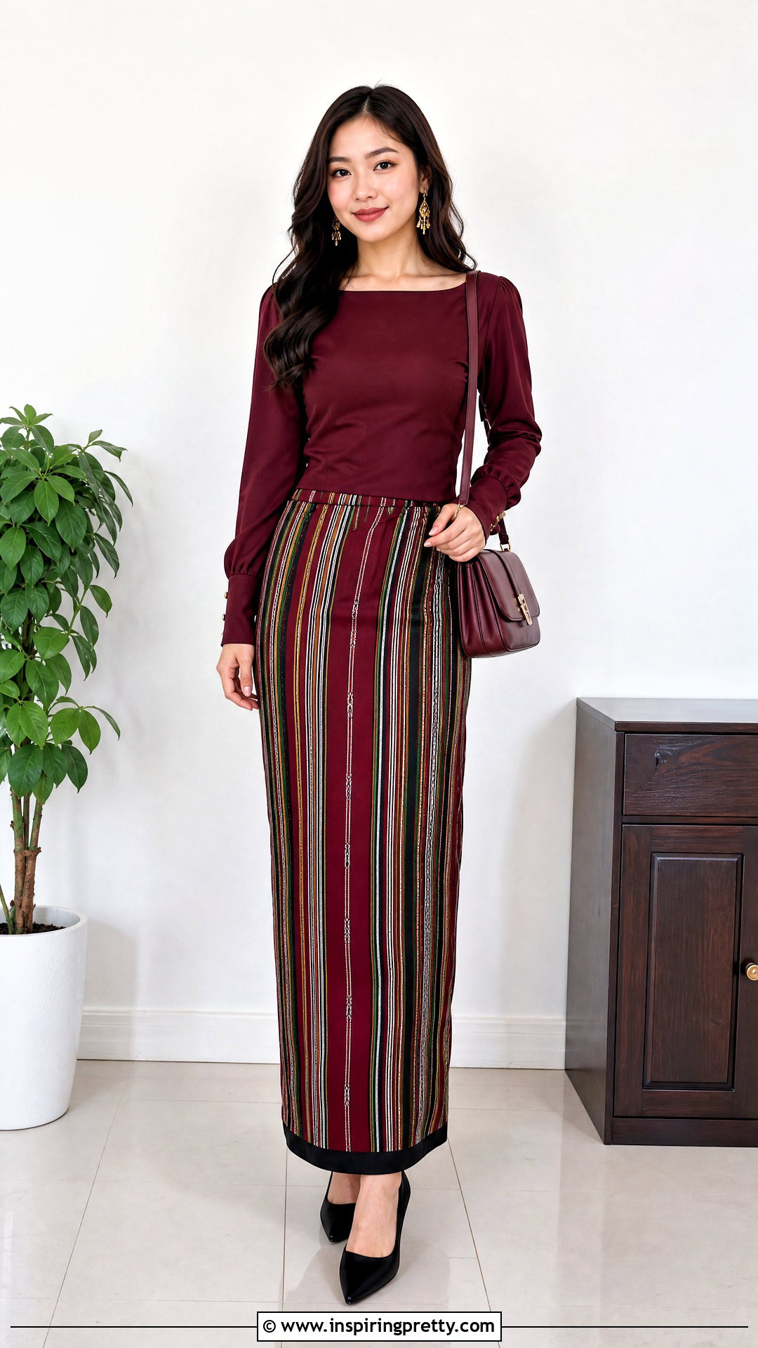Burgundy Long Sleeve Mizo Top With Striped Puan - 50 mizo tops designs