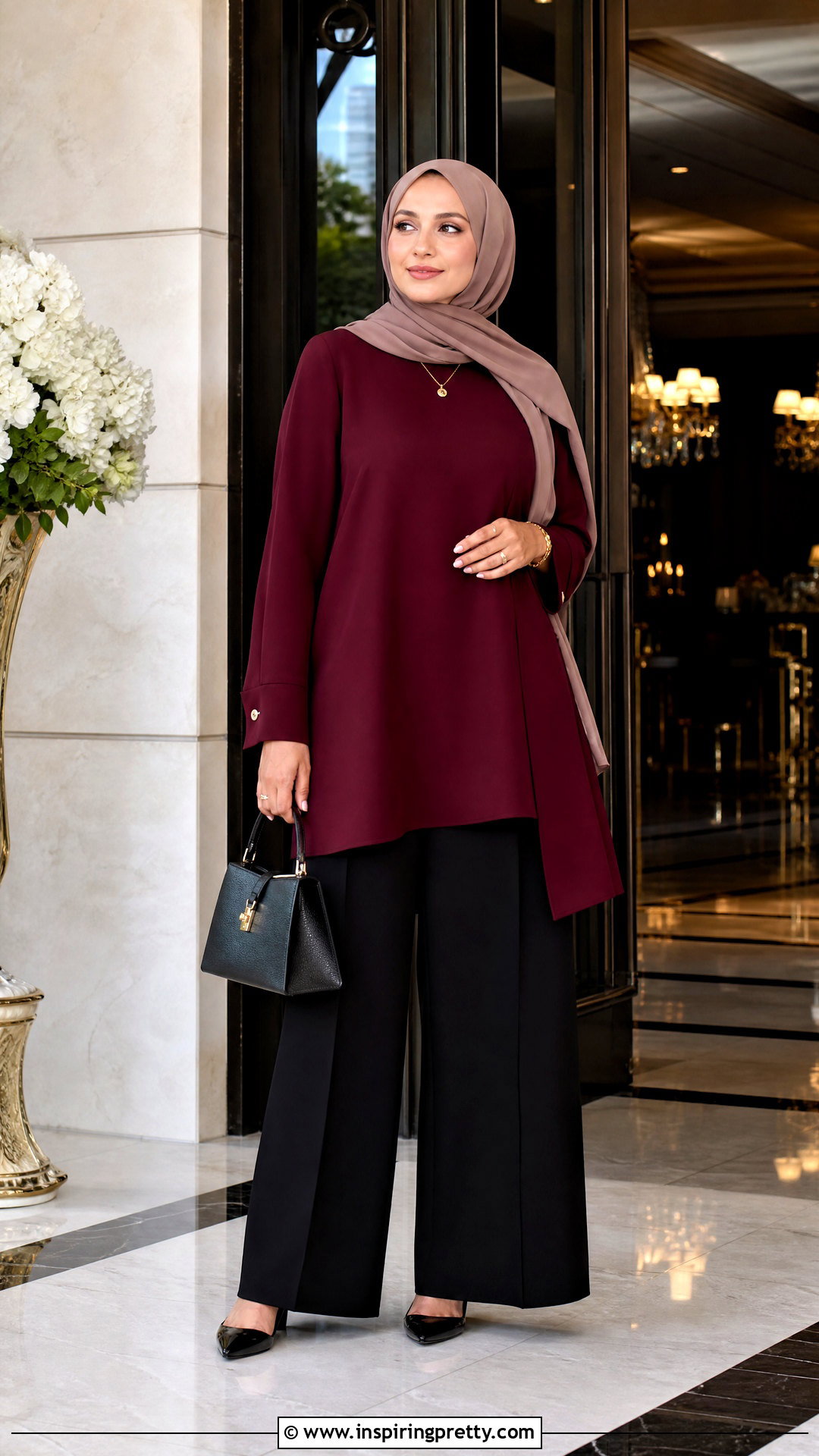 Burgundy Long Top With Black Trousers - 50 long tops designs for muslims