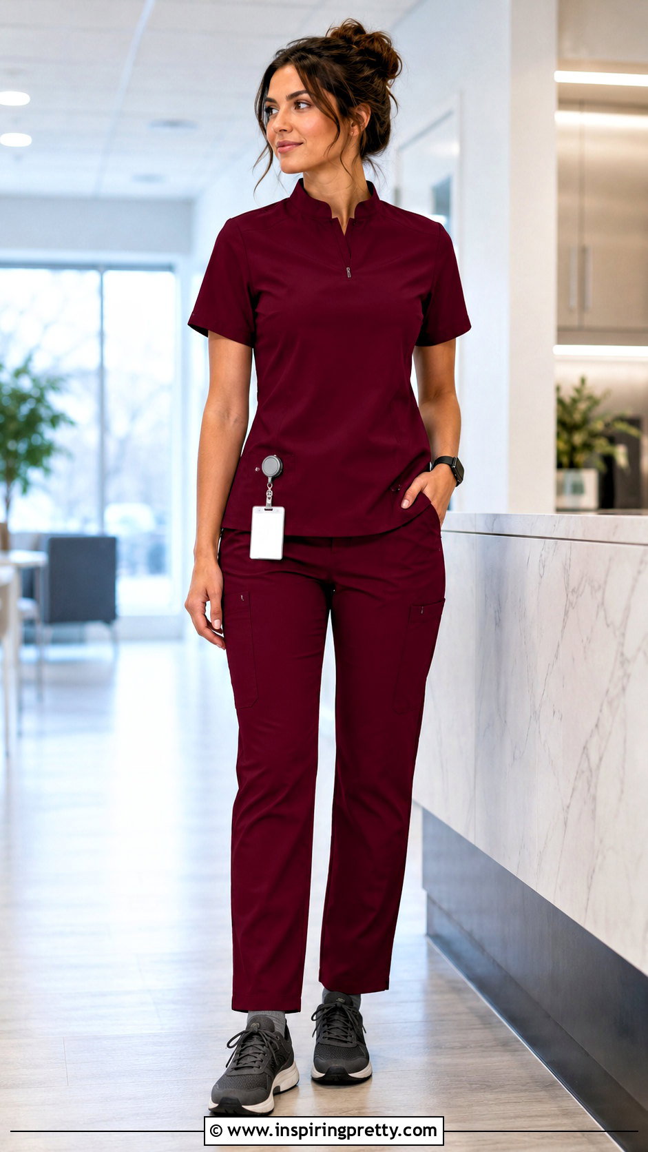 Burgundy Mandarin Collar Scrub Top With Straight Pants - 25 nurses uniform tops outfit ideas