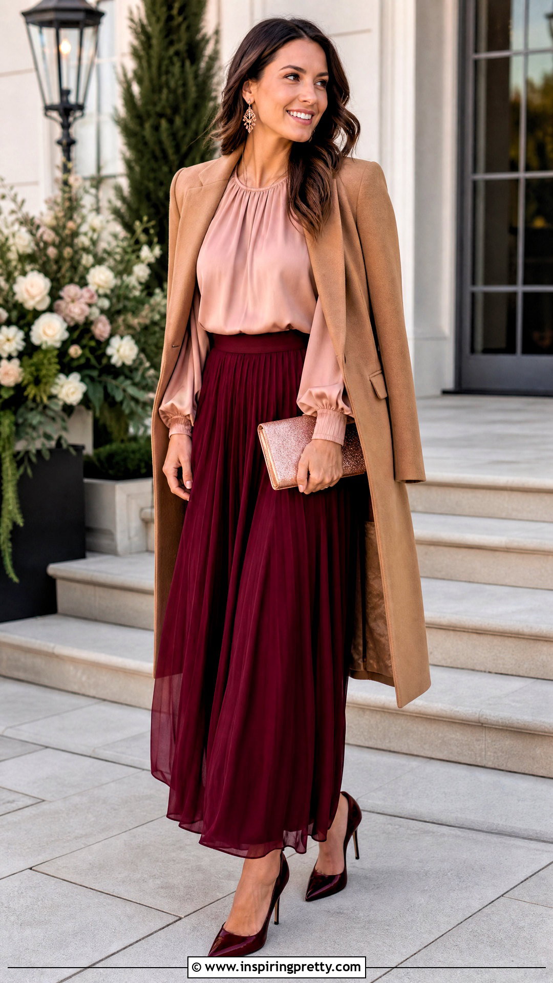 Burgundy Maxi Skirt And Blush Blouse - 50 wedding guest skirt and top outfit ideas
