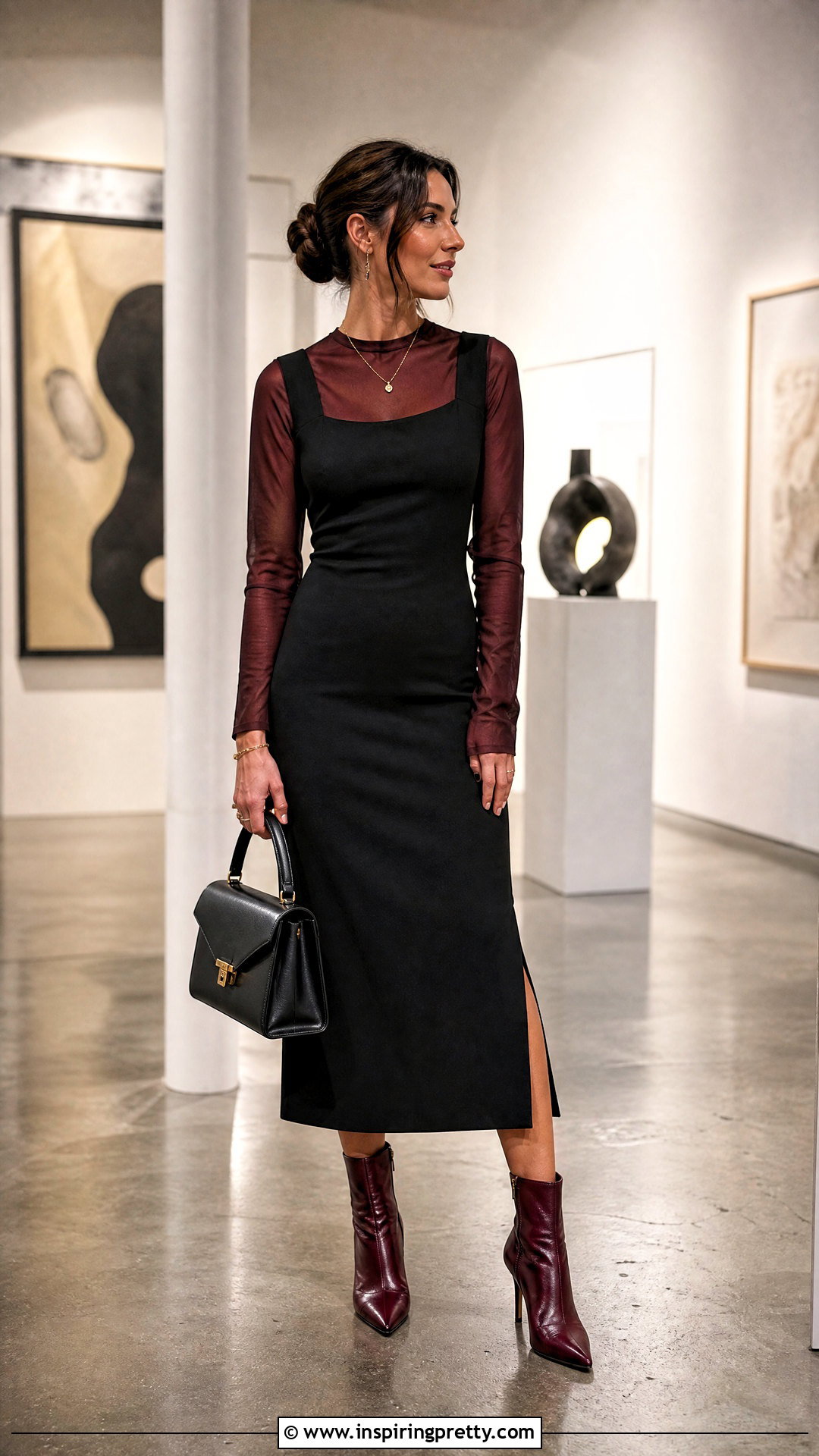 Burgundy Mesh Top Under Black Midi Dress - 25 Long Sleeve Mesh Top Under Dress outfit ideas