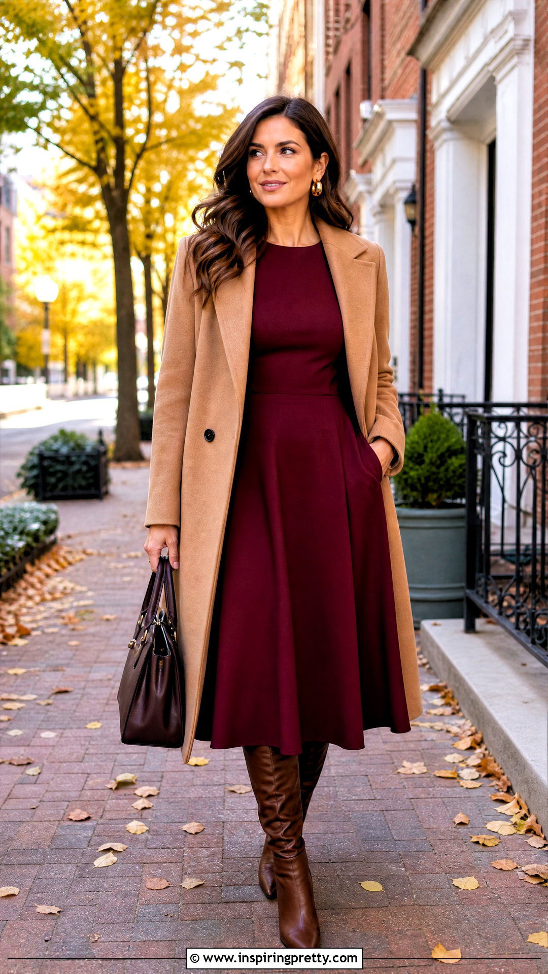 Burgundy Midi Dress And Camel Coat Sunday Outfit - 50 sunday dress top outfit ideas