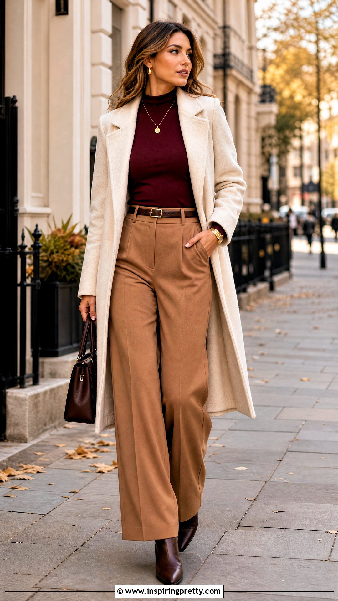 Burgundy Mock Neck Top With Camel Pants - 50 burgundy top outfit ideas