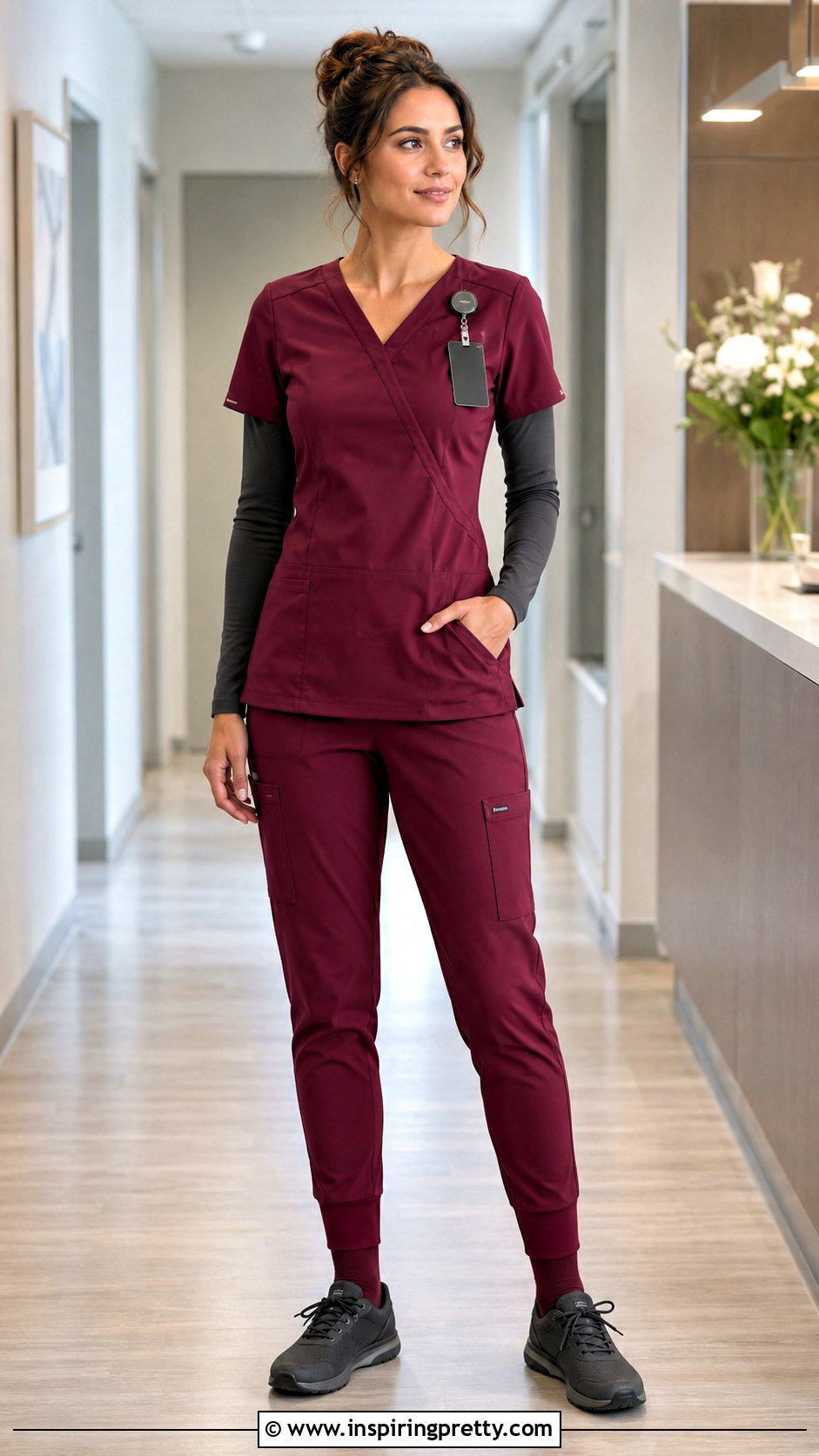 Burgundy Mock Wrap Scrub Top Outfit - 20 Nurse Scrub Tops outfit ideas