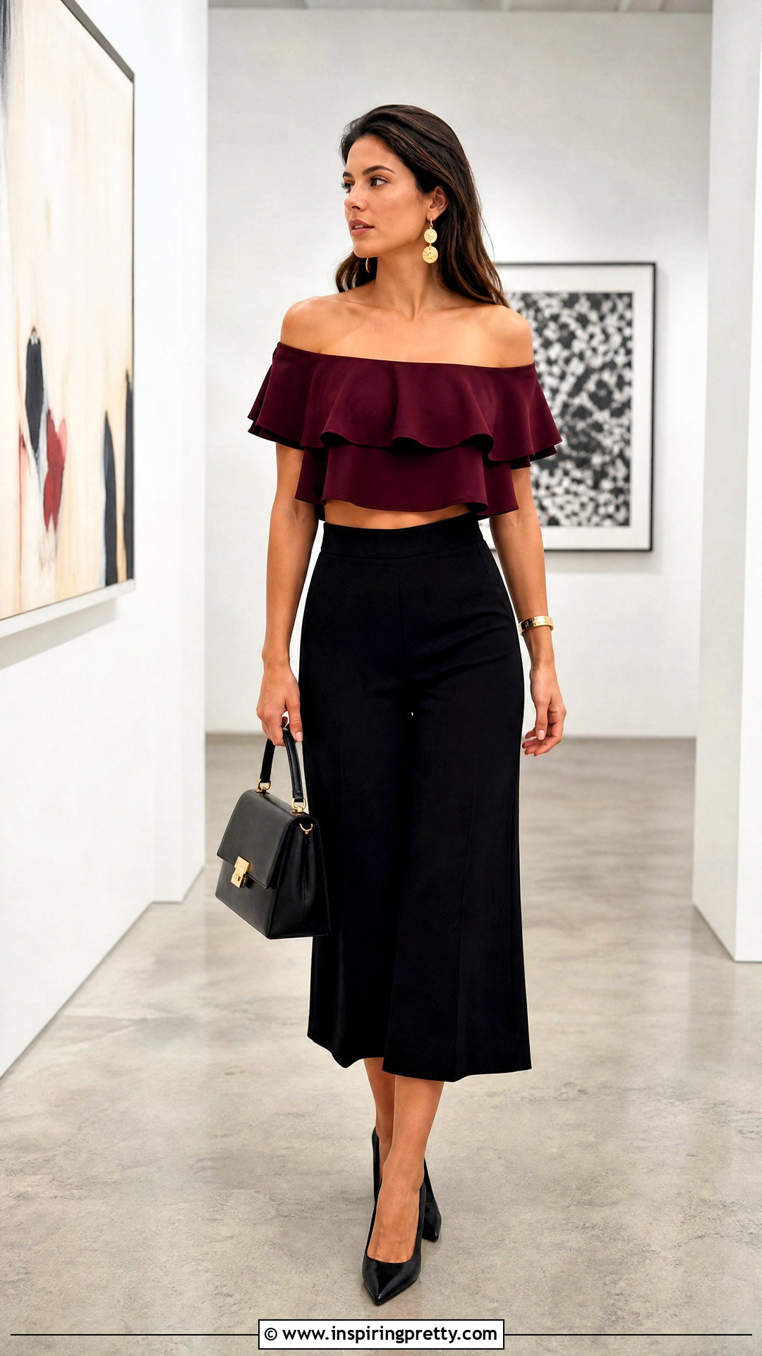 Burgundy Off Shoulder Ruffle Crop Top With Black Culottes - 25 off shoulder ruffle crop top outfit ideas