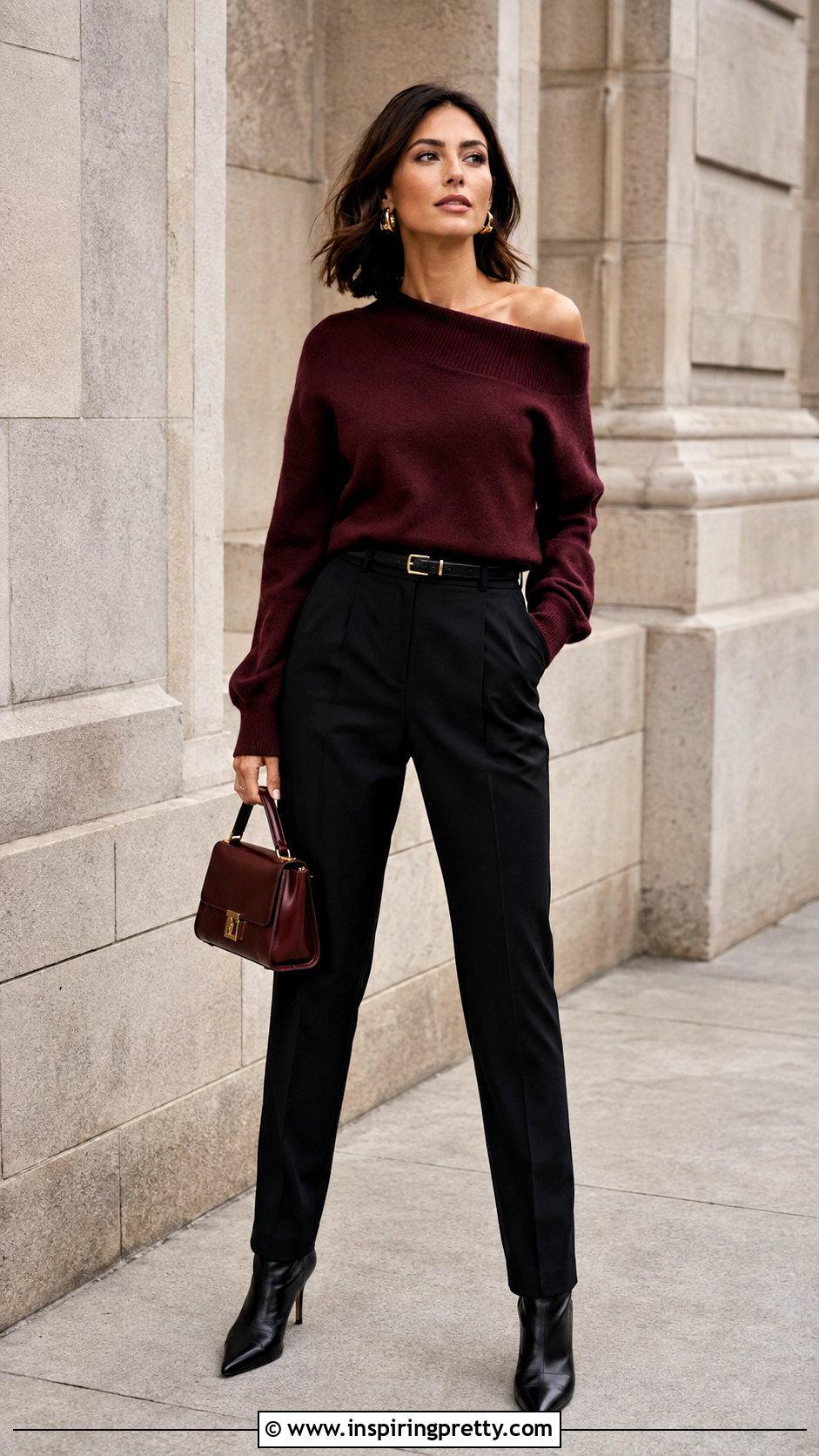 Burgundy Off Shoulder Sweater With Black Trousers - 25 fall off the shoulder tops outfit ideas