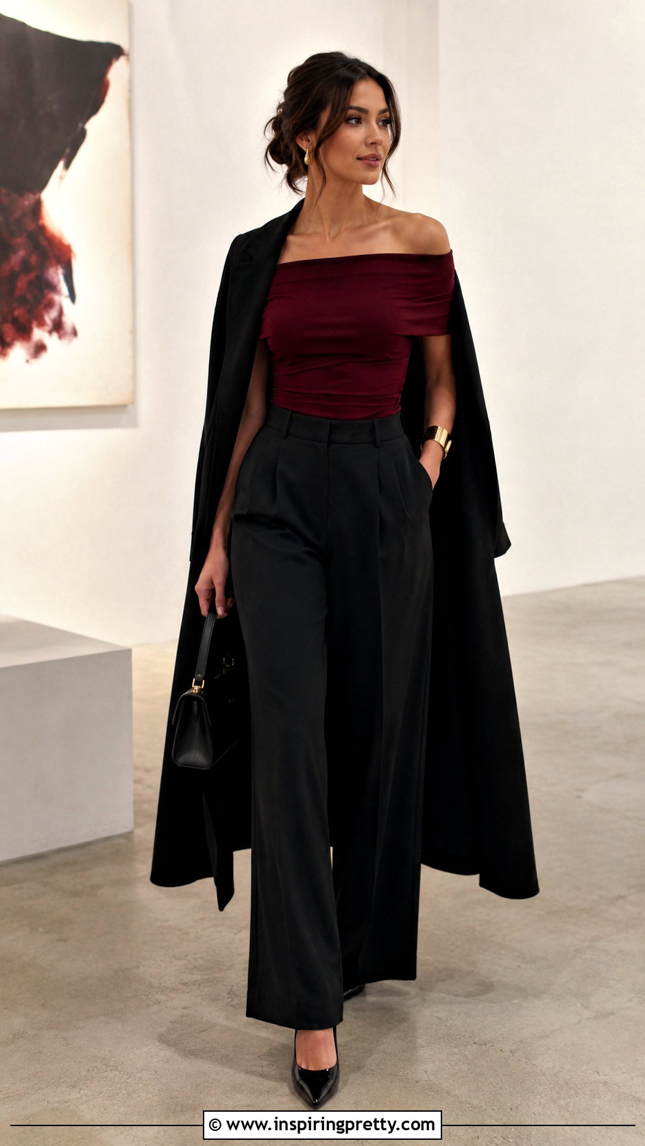 Burgundy Off Shoulder Top With Black Trousers - 20 Off-Shoulder Top Fall Fashion outfit ideas