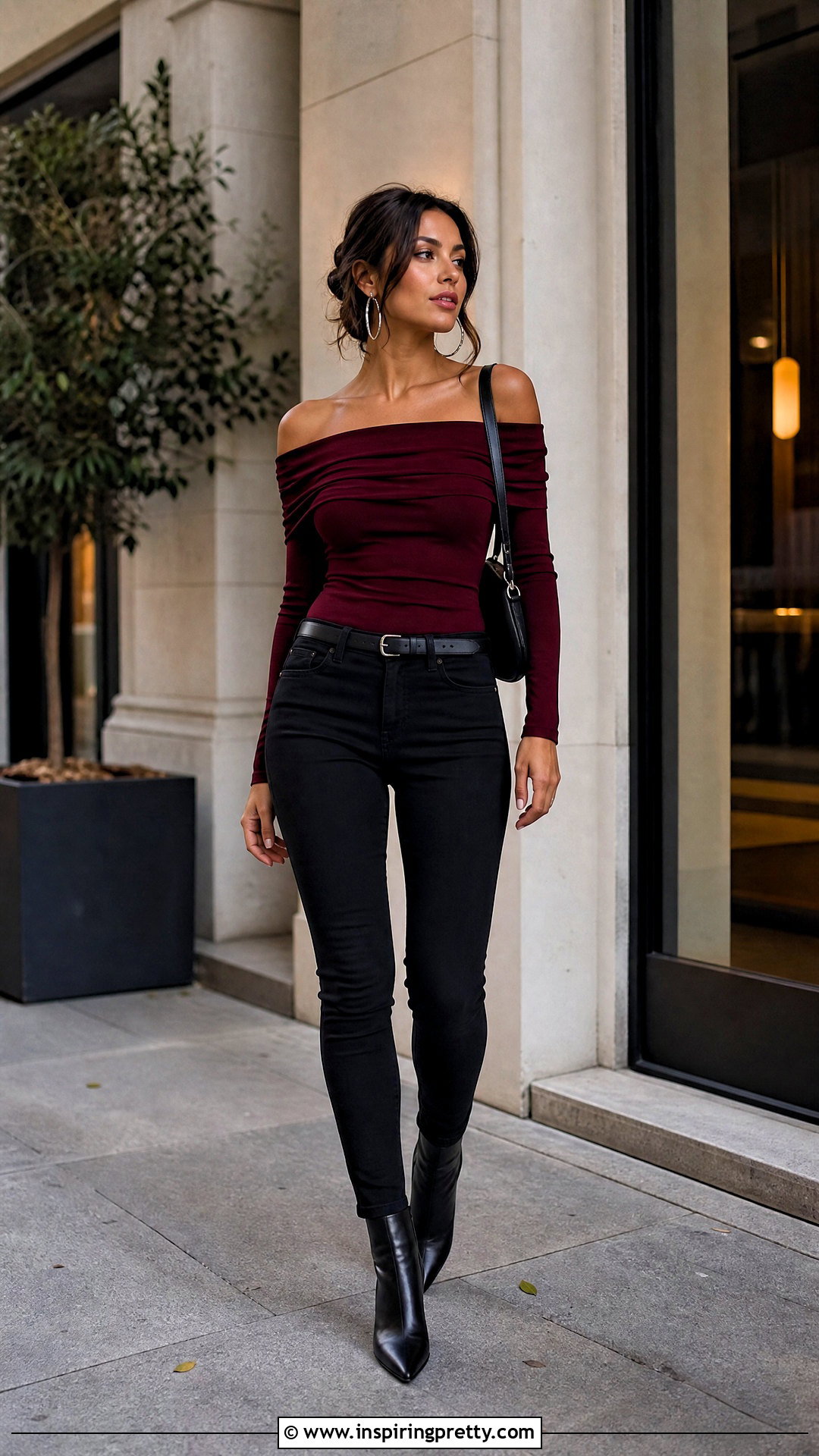Burgundy Off Shoulder Top and Black Skinny Jeans - 50 burgundy top and jeans outfit ideas