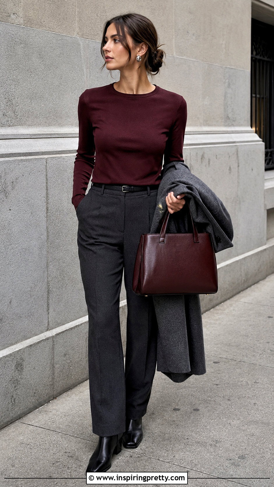 Burgundy One Yard Minimalist Top With Charcoal Pants - 20 one yard minimalist top outfit ideas