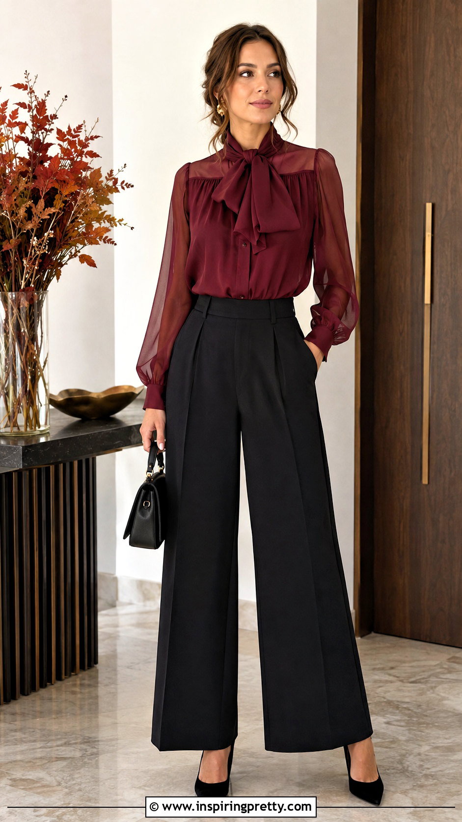 Burgundy Organza Top With Black Pants - 50 Organza Top Outfit ideas