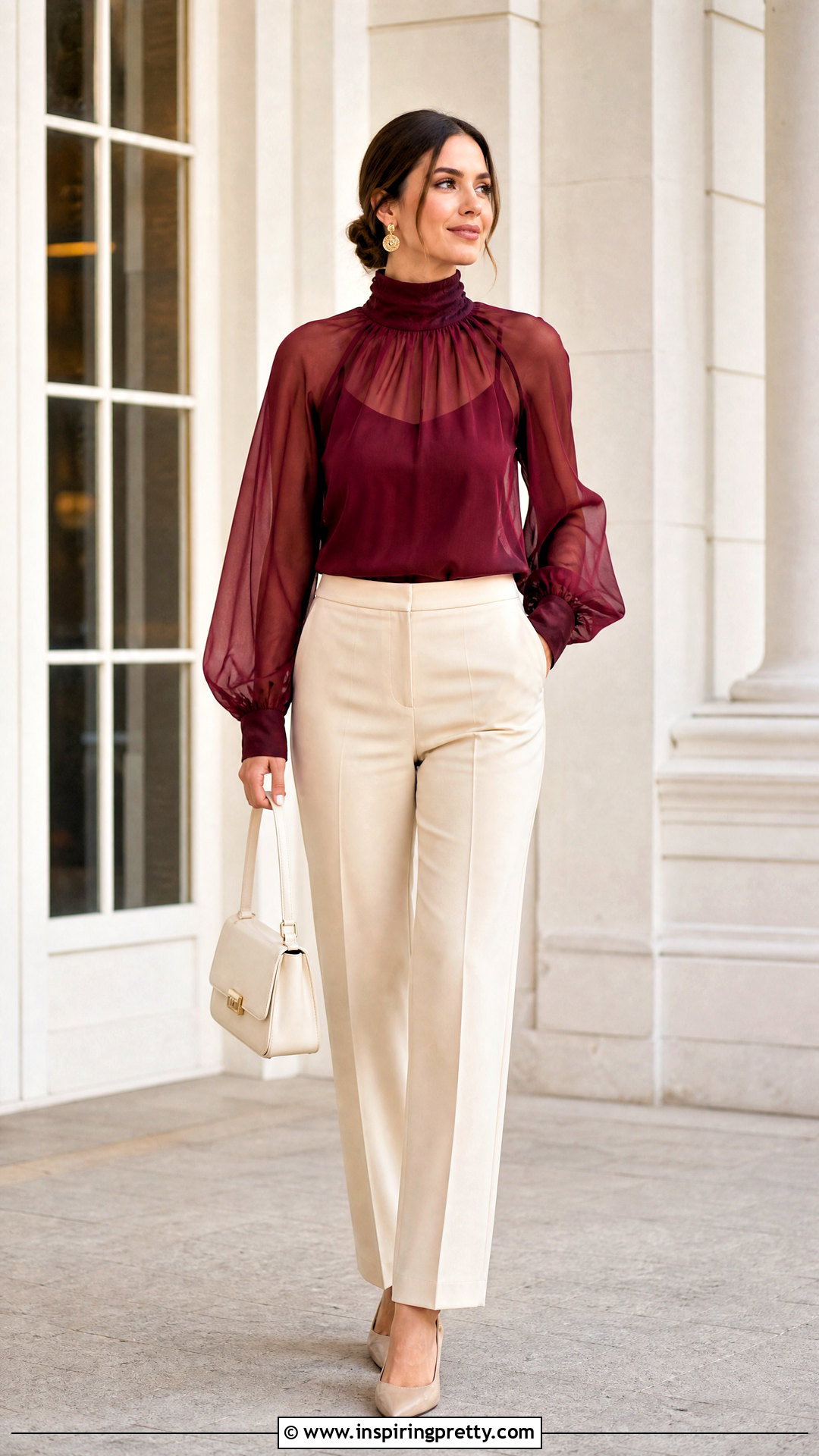 Burgundy Organza Top With Cream Pants - 50 organza tops outfit ideas