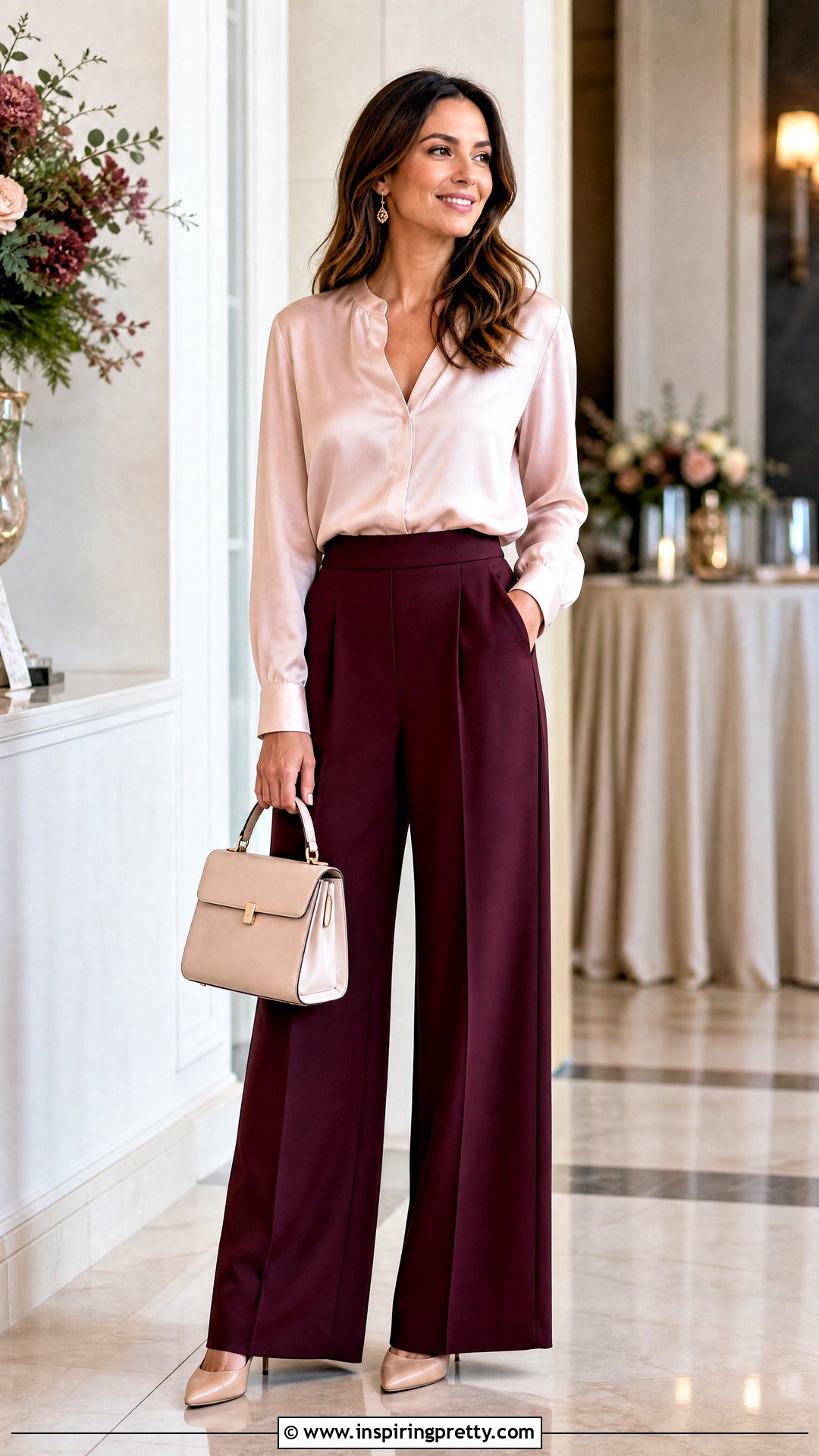 Burgundy Pants And Blush Blouse - 50 pants and top outfit classy ideas