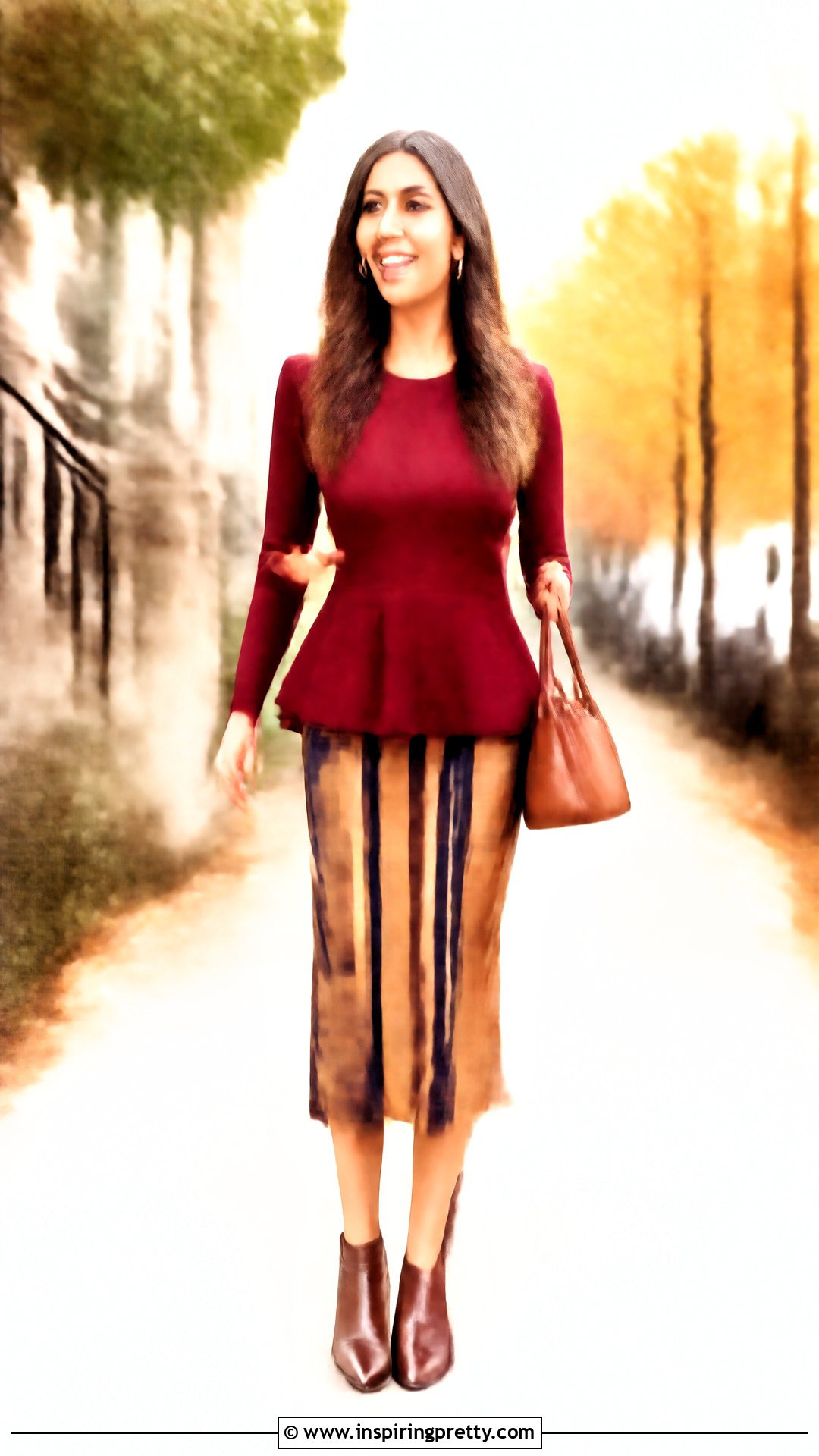 Burgundy Peplum Top With Plaid Midi Skirt - 50 peplum top outfits with skirts