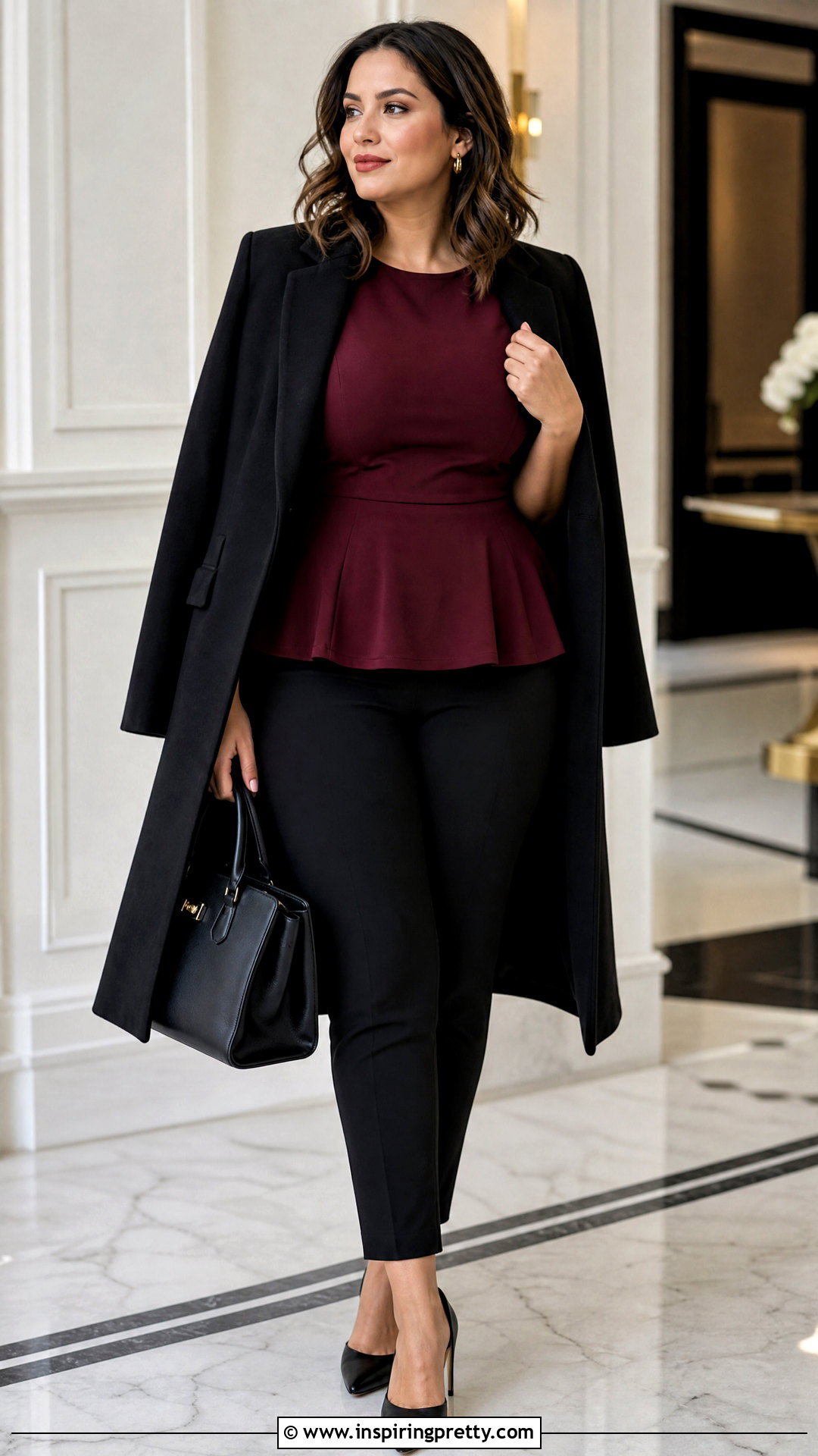 Burgundy Peplum Top With Slim Pants - 50 burgundy top outfit ideas