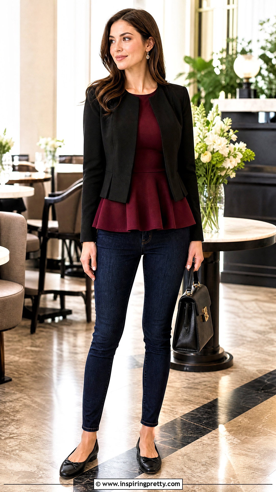 Burgundy Peplum Top and Dark Skinny Jeans - 50 burgundy top and jeans outfit ideas