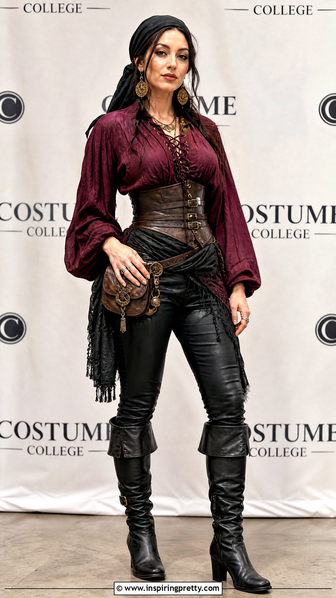 Burgundy Pirate Blouse With Leather Look Pants - 25 female pirate top outfit ideas