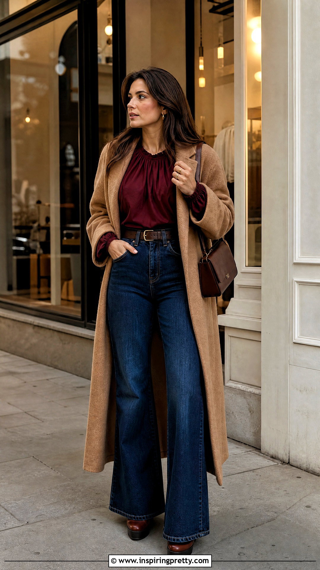 Burgundy Puff Sleeve Top With Flared Jeans - 50 burgundy top outfit ideas