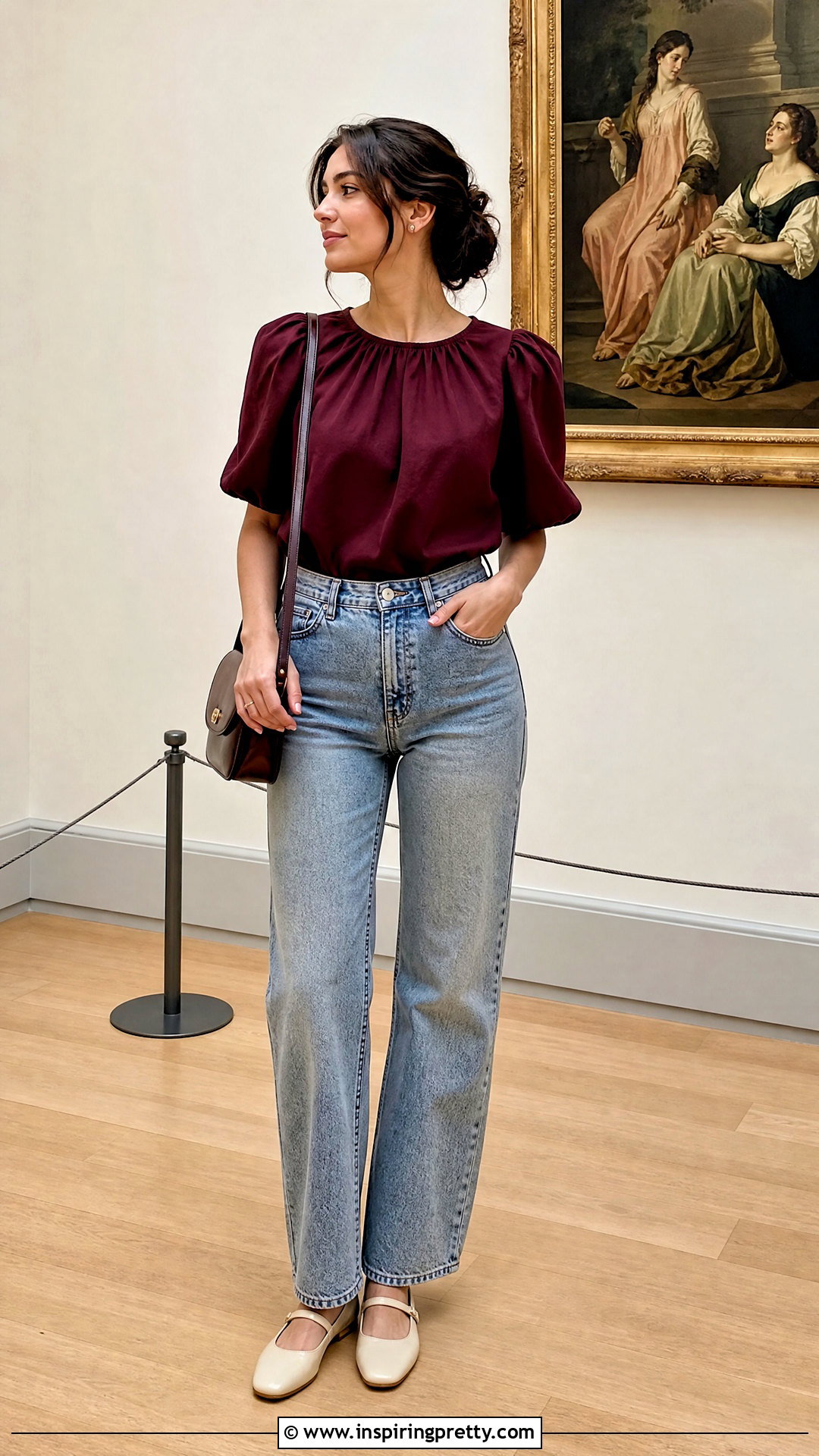 Burgundy Puff Sleeve Top and Vintage Jeans - 50 burgundy top and jeans outfit ideas