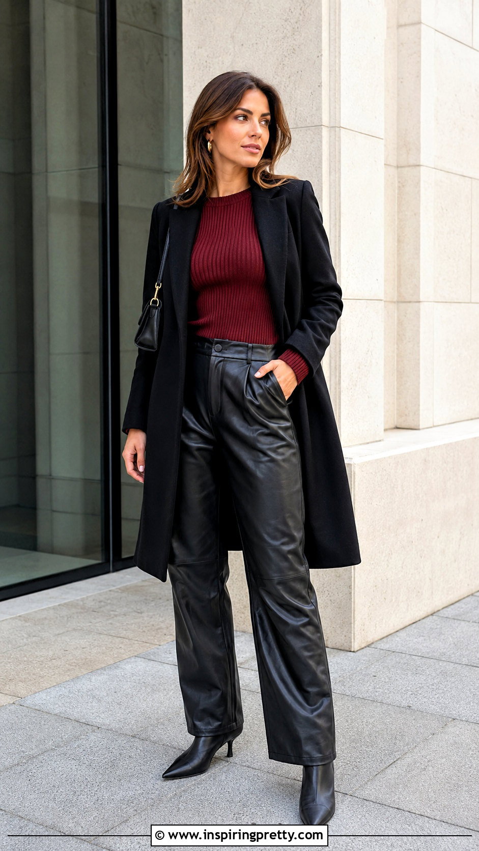 Burgundy Ribbed Top With Leather Pants - 50 burgundy top outfit ideas