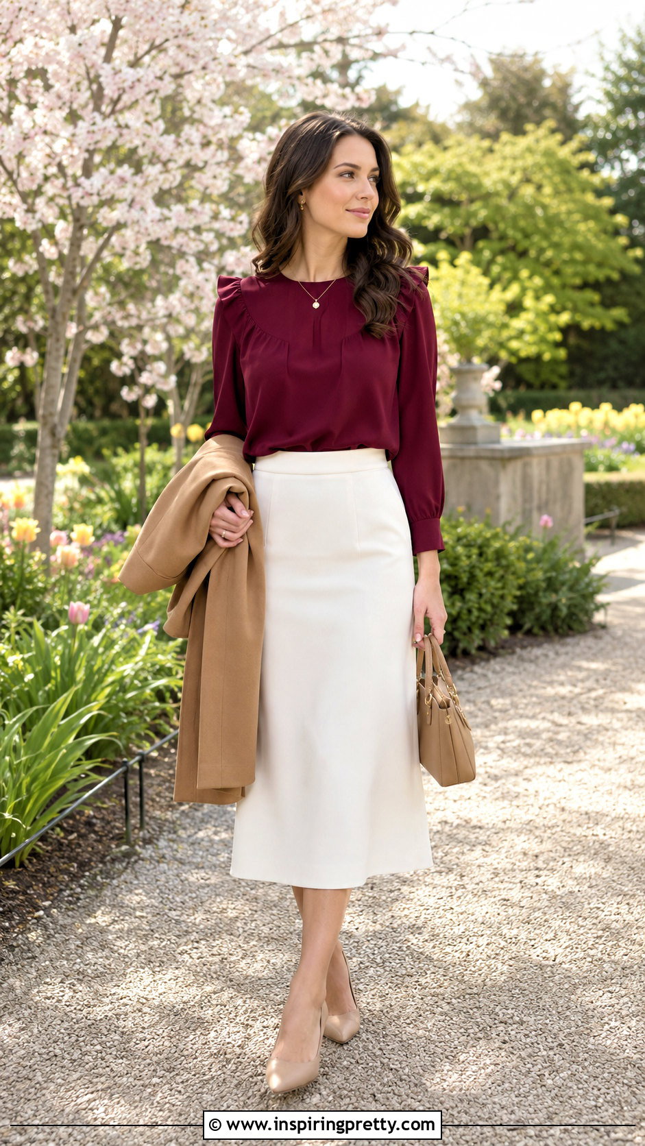 Burgundy Ruffle Top With White Midi Skirt - 50 burgundy top outfit ideas