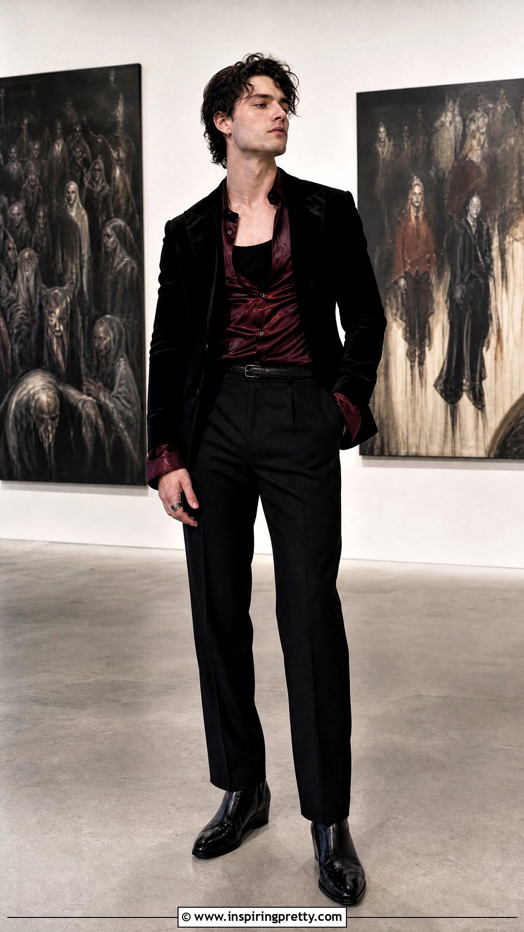 Burgundy Satin Goth Shirt With Black Trousers - 25 goth tops men