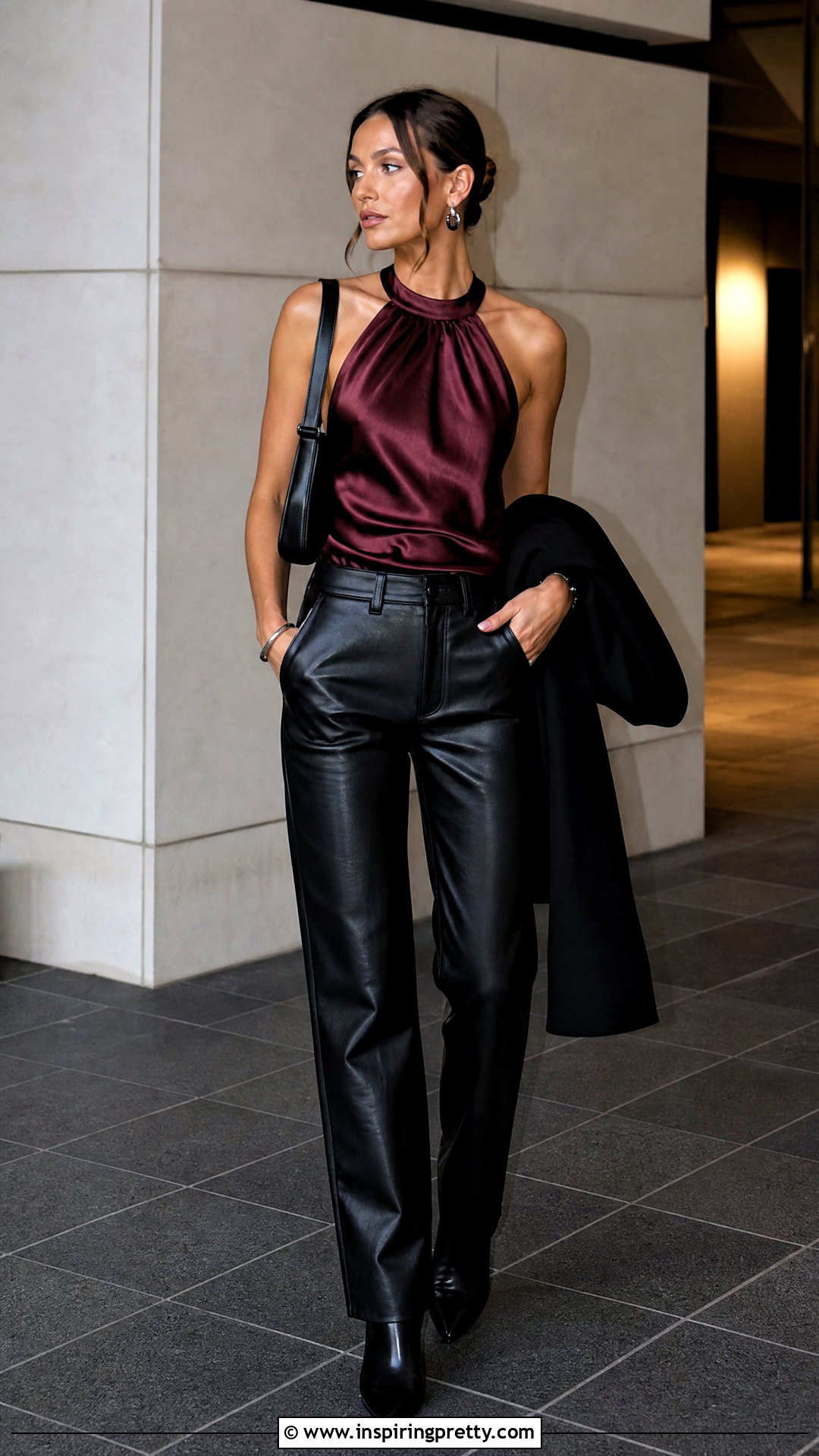 Burgundy Satin Halter Top With Faux Leather Pants - 50 satin halter top outfit ideas