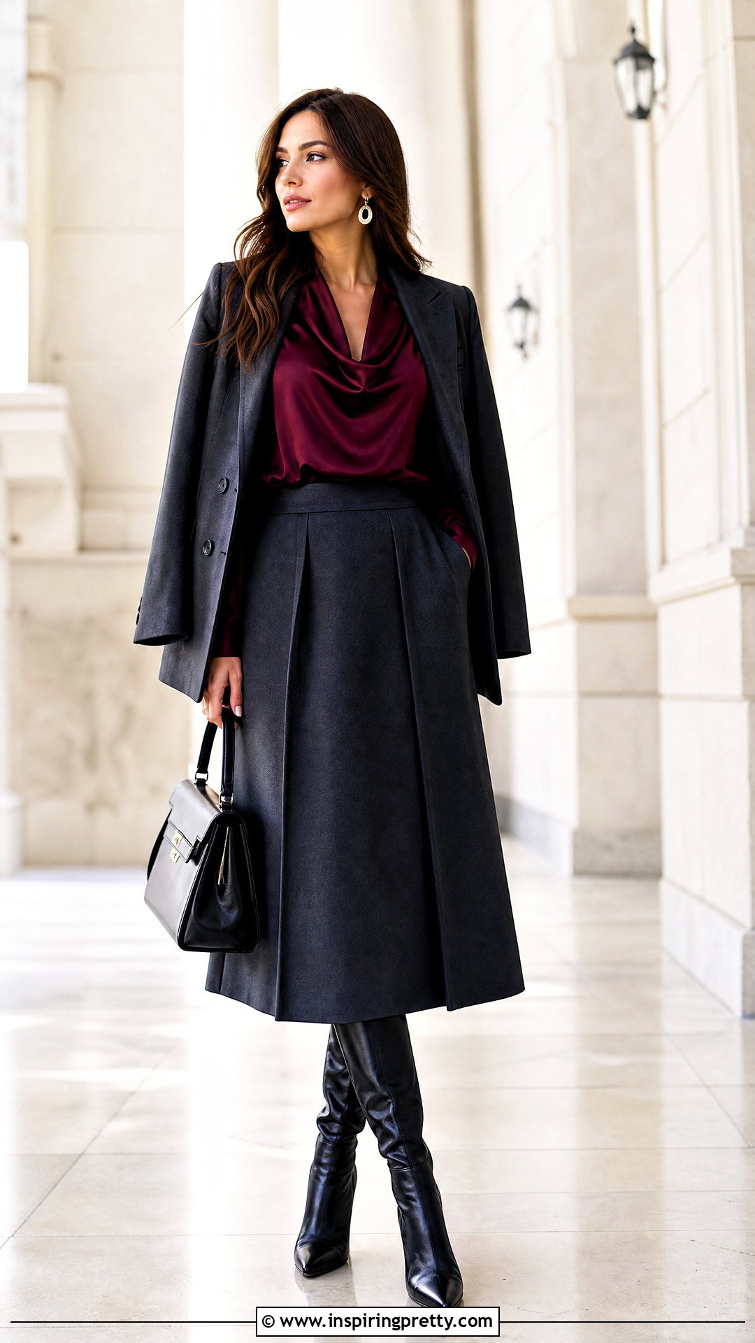 Burgundy Satin Top With Charcoal Skirt - 50 satin top outfit ideas