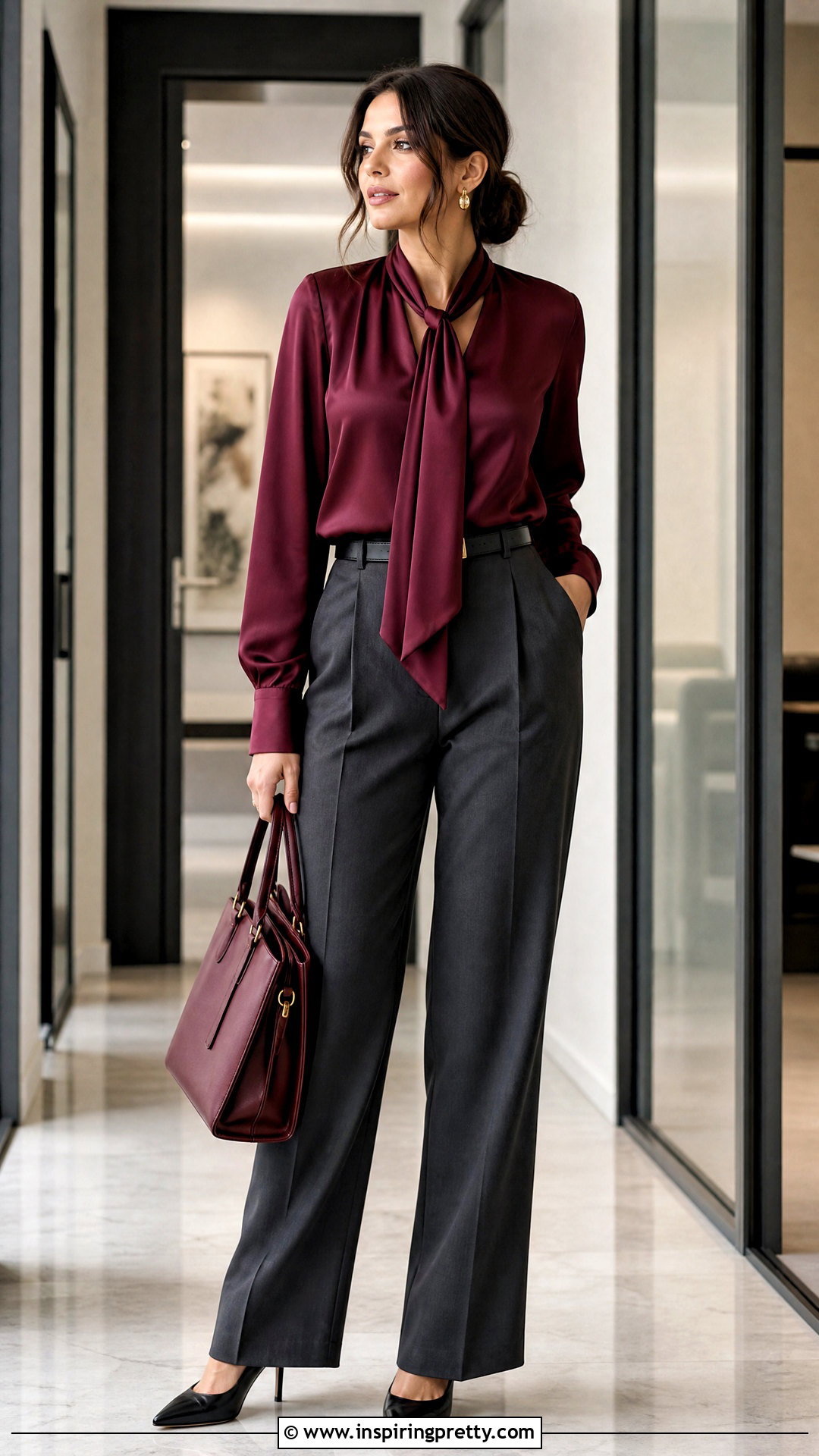 Burgundy Satin Top With Gray Trousers - 50 satin top outfit classy ideas