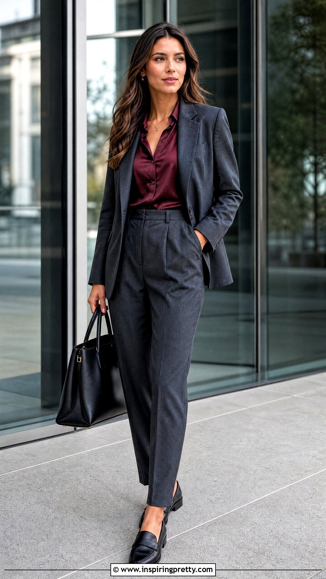 Burgundy Satin Work Top With Charcoal Pants - 25 satin work top outfit ideas