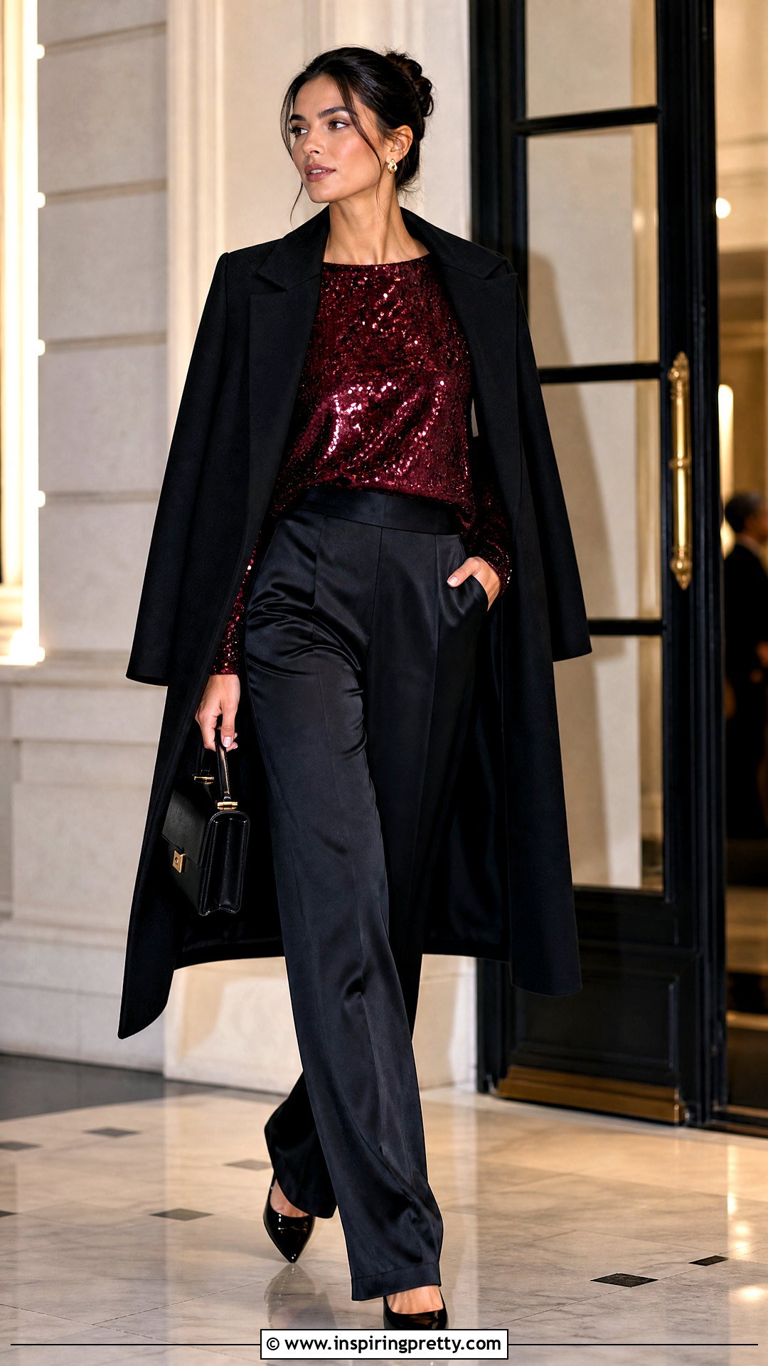Burgundy Sequin Top With Satin Pants - 20 festive sequin top inspirations