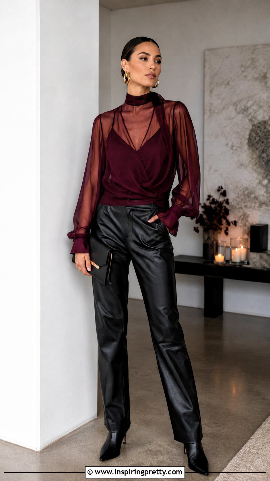 Burgundy Sheer Long Sleeve Top With Leather Pants - 50 sheer long sleeve top outfit ideas