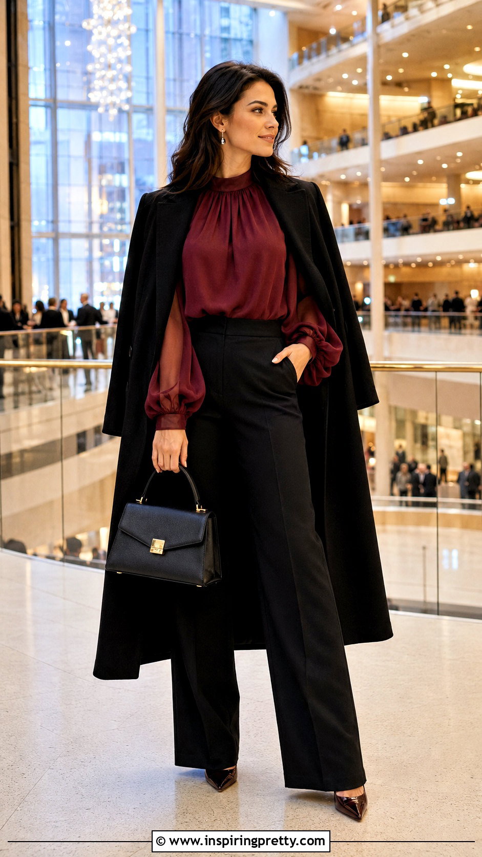 Burgundy Sheer Sleeve Top With Black Trousers - 50 burgundy top outfit ideas