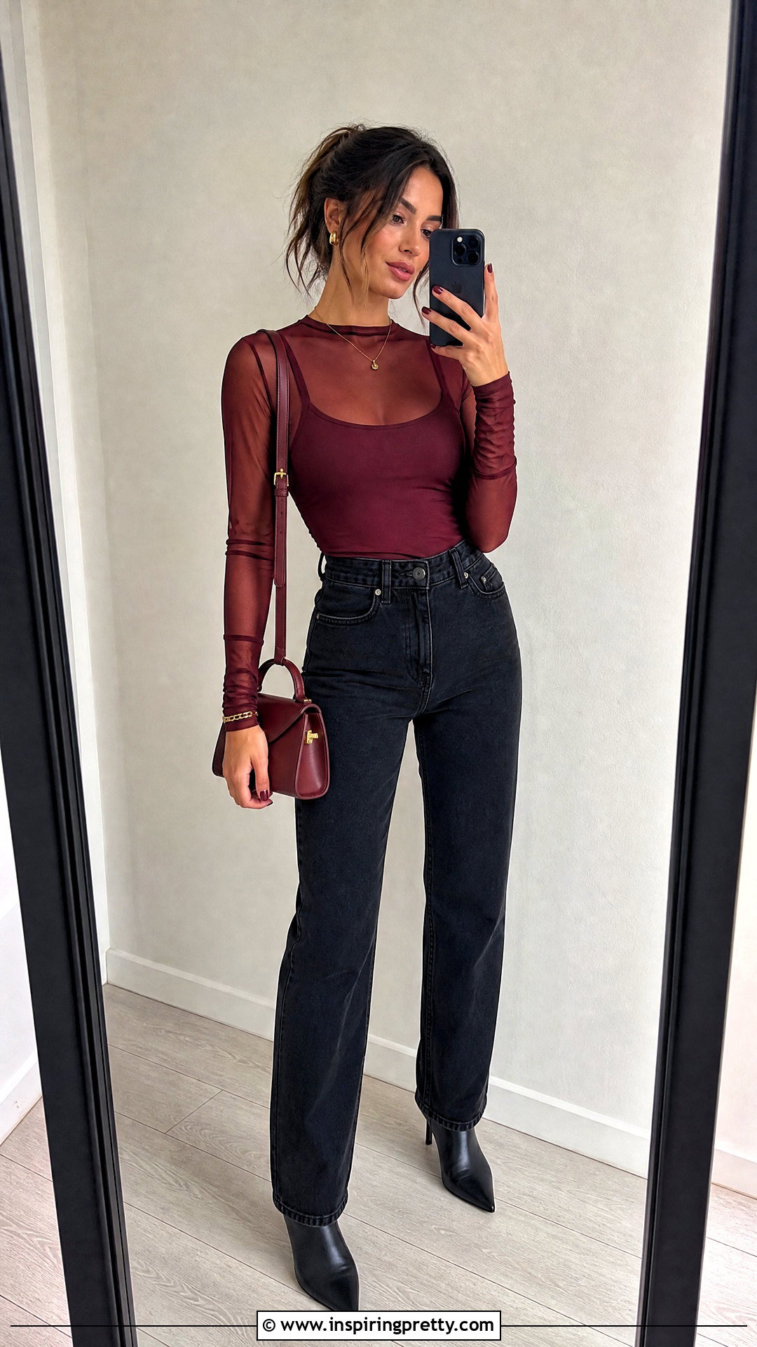 Burgundy Sheer Top With Black Jeans Selfie - 25 Sheer Top Selfie ideas