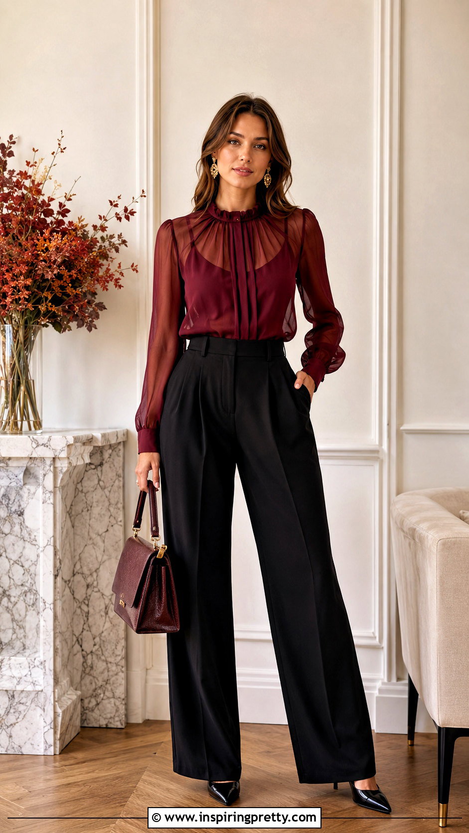 Burgundy Sheer Top With Black Trousers - 50 sheer top outfit classy ideas