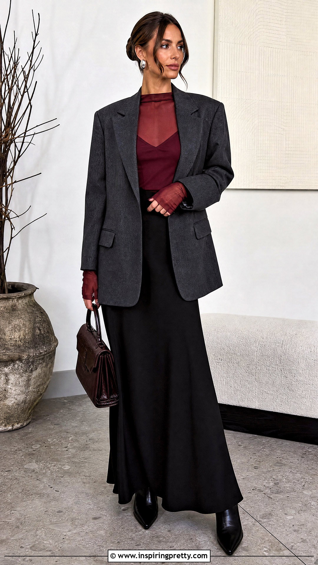 Burgundy Sheer Top With Charcoal Blazer And Maxi Skirt - 25 Sheer Top With Blazer outfit ideas