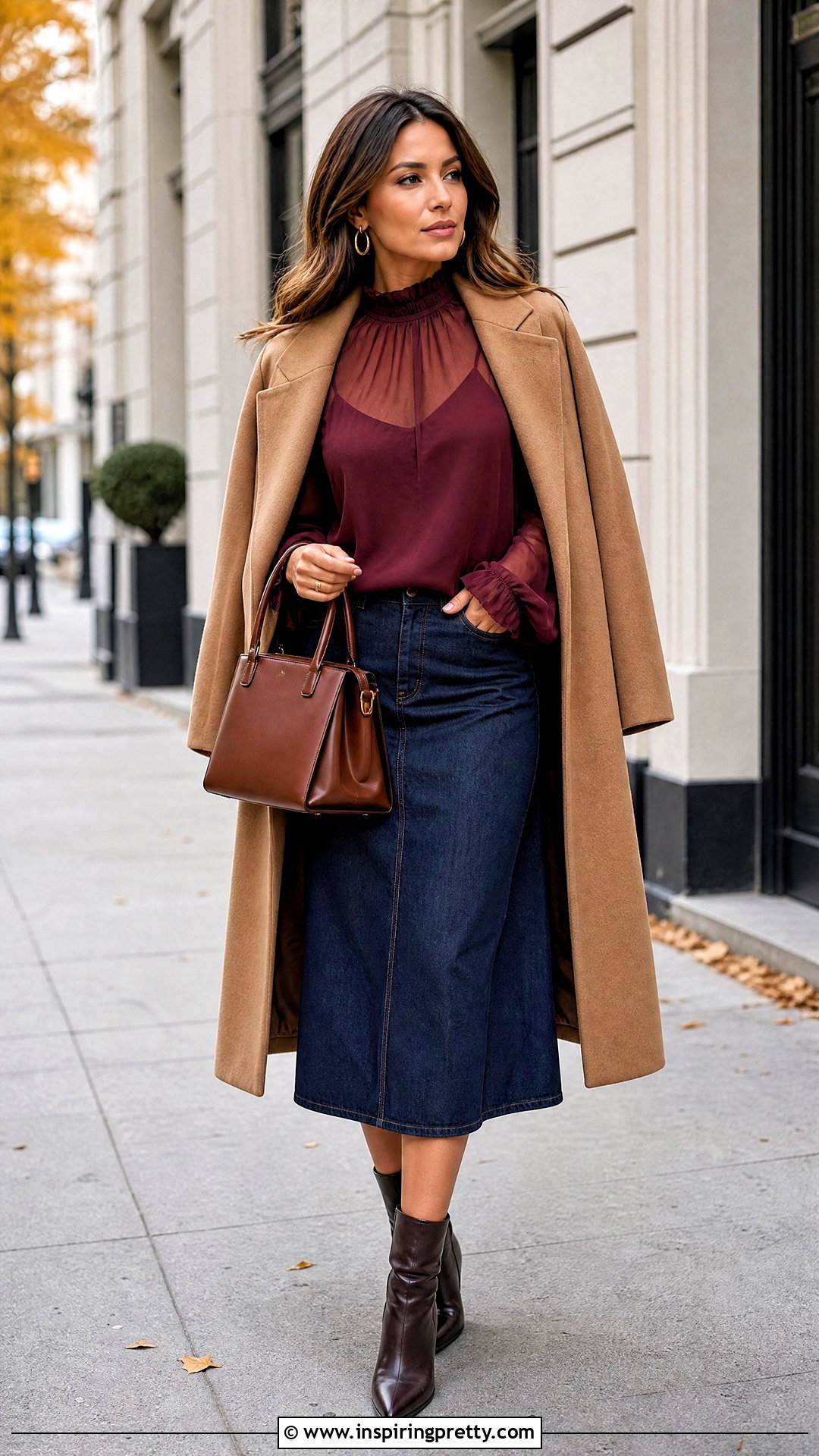 Burgundy Sheer Top With Dark Denim Midi Skirt - 25 sheer top with denim skirt outfit ideas