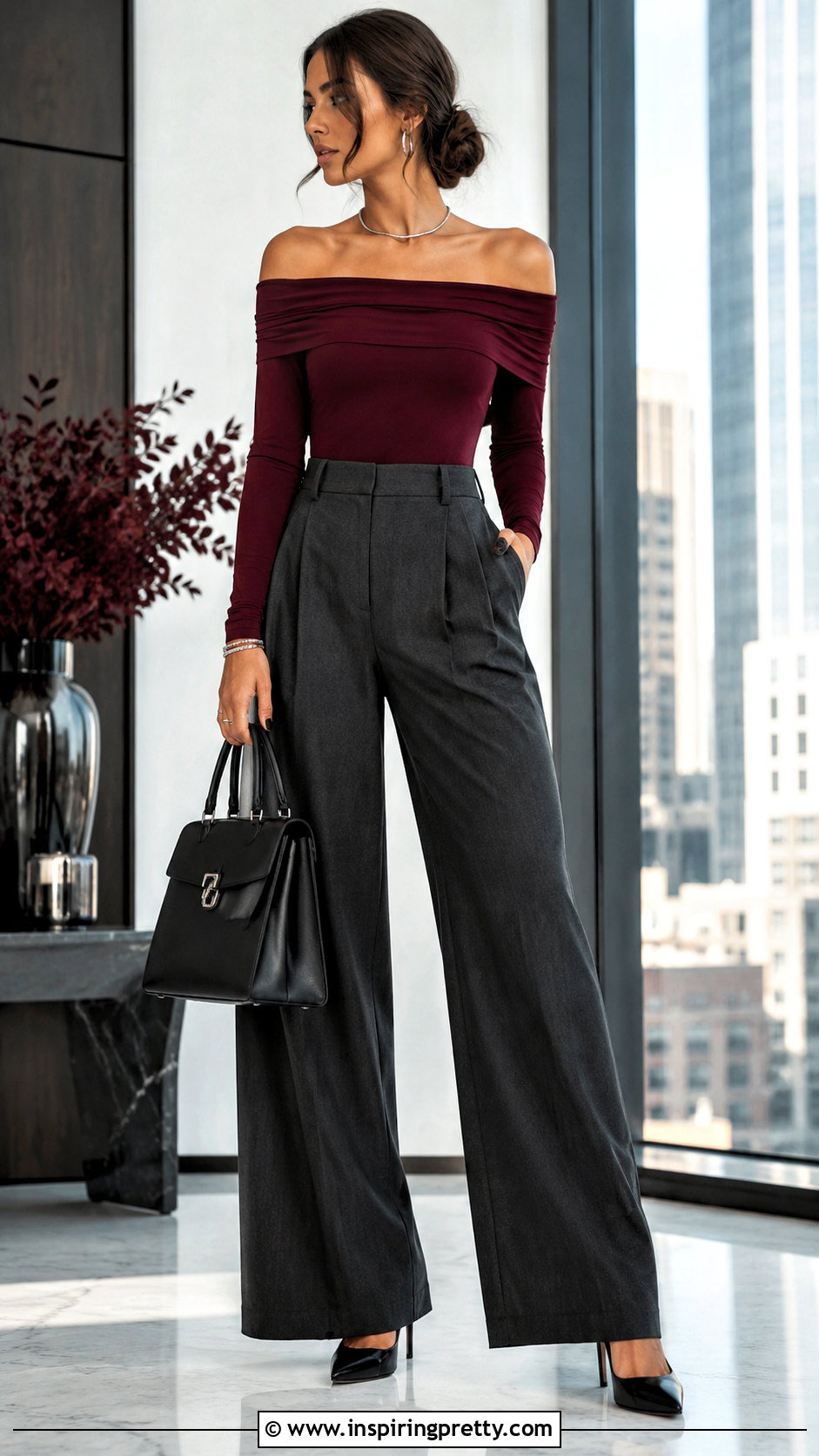Burgundy Shoulderless Top With Gray Trousers - 50 shoulderless top outfit ideas