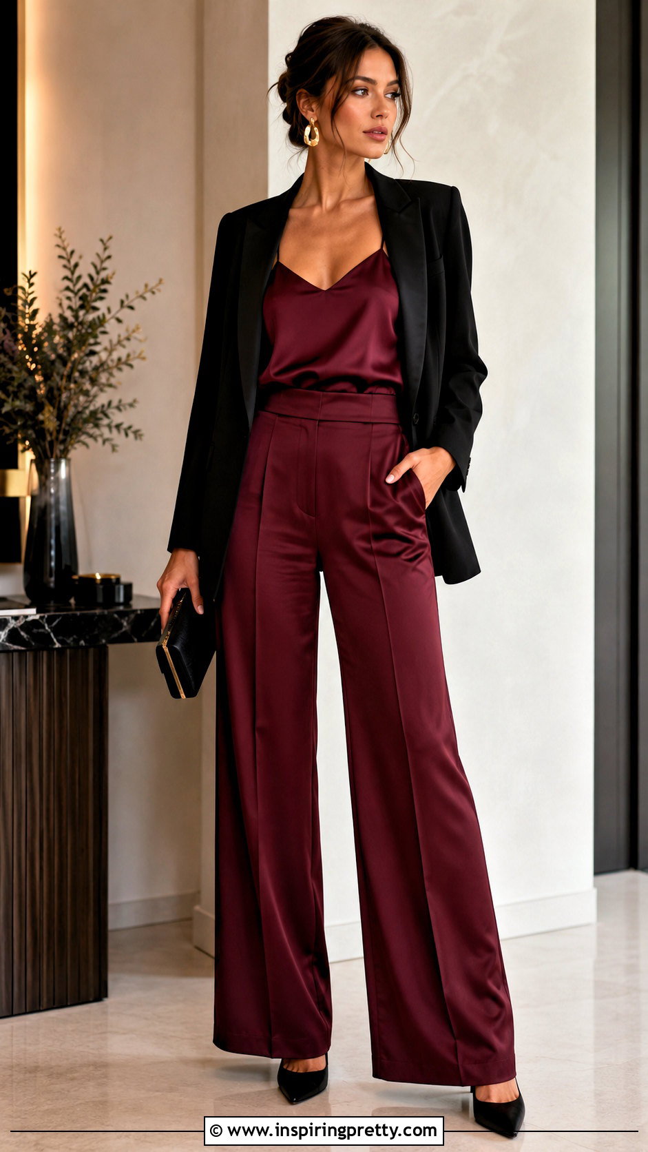 Burgundy Silk Camisole And Wide Leg Pants Set - 25 silk top and bottom set outfit ideas