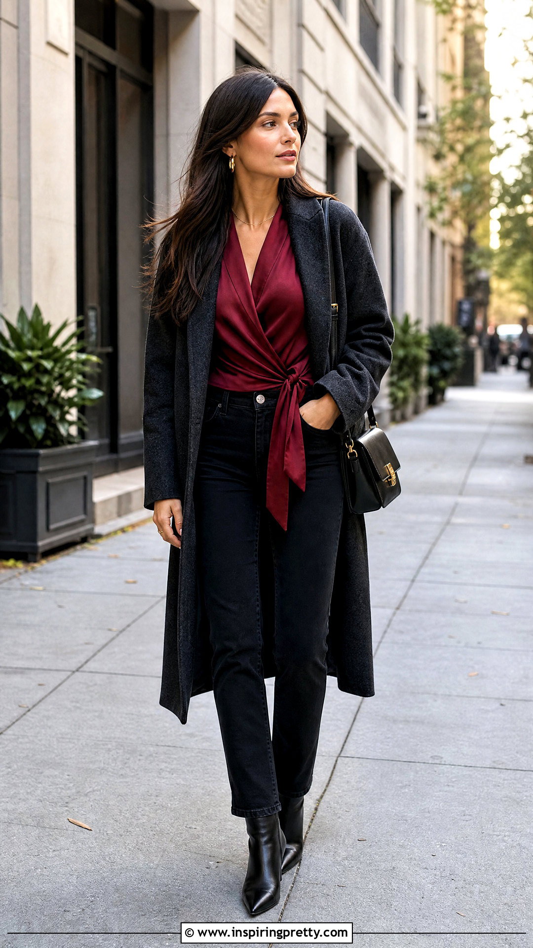 Burgundy Silk Wrap Top With Black Jeans - 50 silk tops blouses