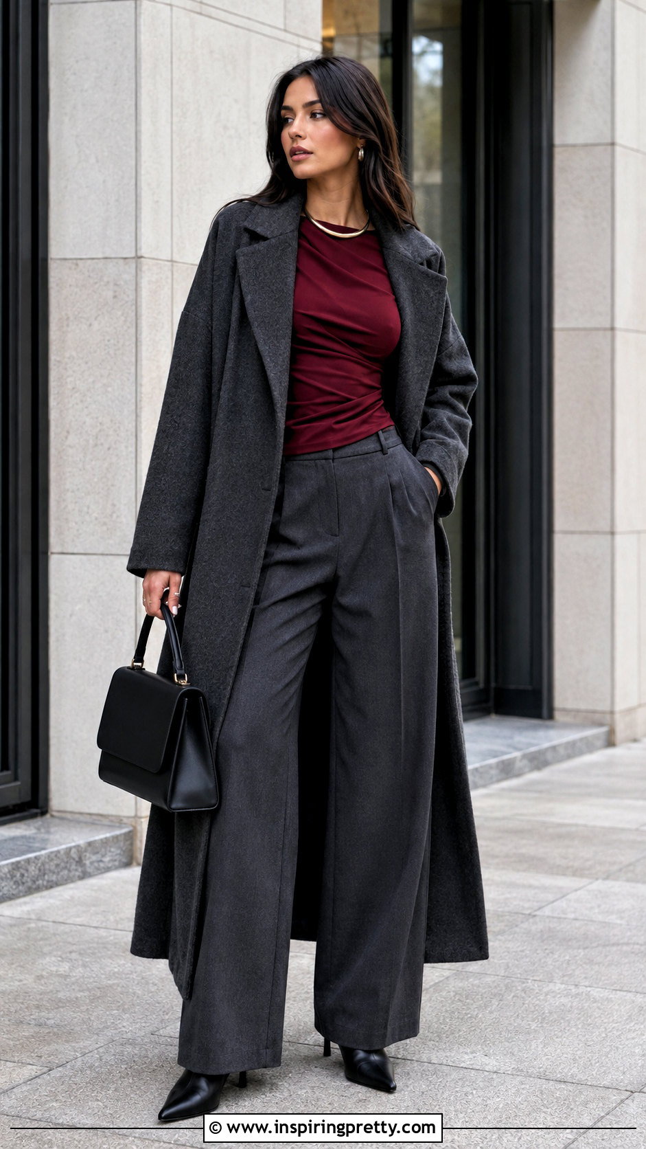 Burgundy Siren Top With Charcoal Pants - 50 siren top outfit ideas