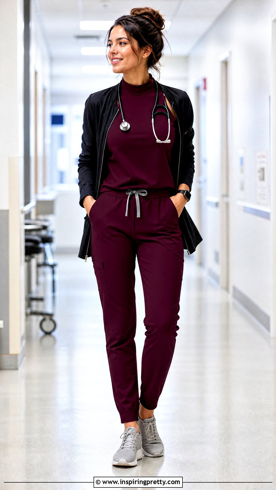 Burgundy Sleeveless Scrub Top With Tapered Pants - 20 Sleeveless Scrub Top outfit ideas