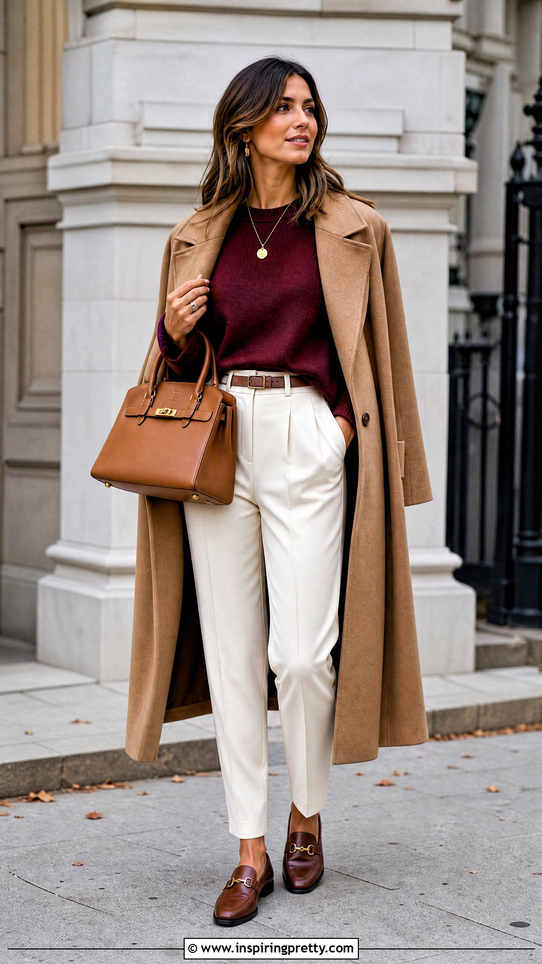 Burgundy Sweater And Cream Pants - 25 tops that go with cream pants